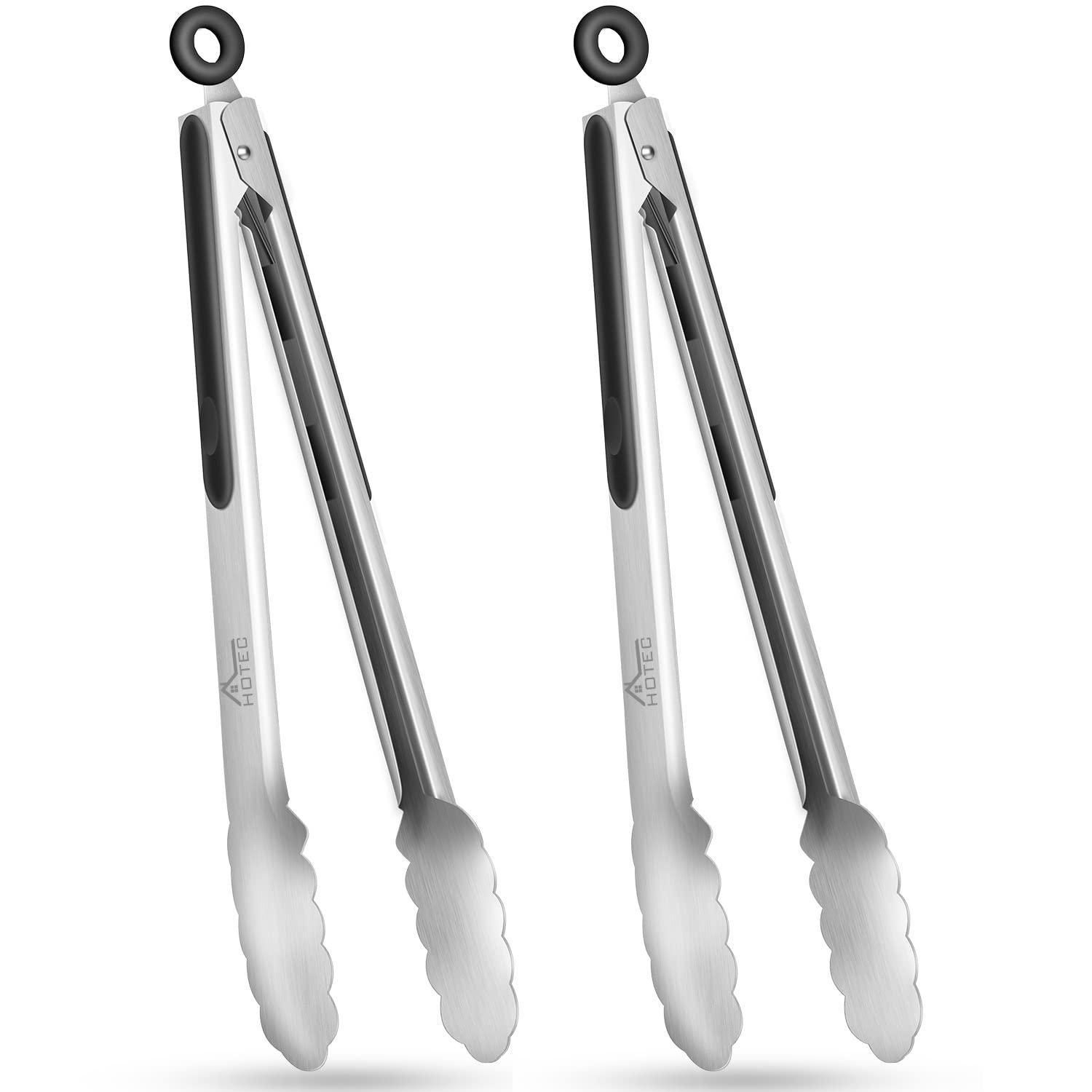 Hotec Stainless Steel Kitchen Tongs Set Of 2-12 Inch, Locking Metal Food Tongs Non-Slip Grip (Black)
