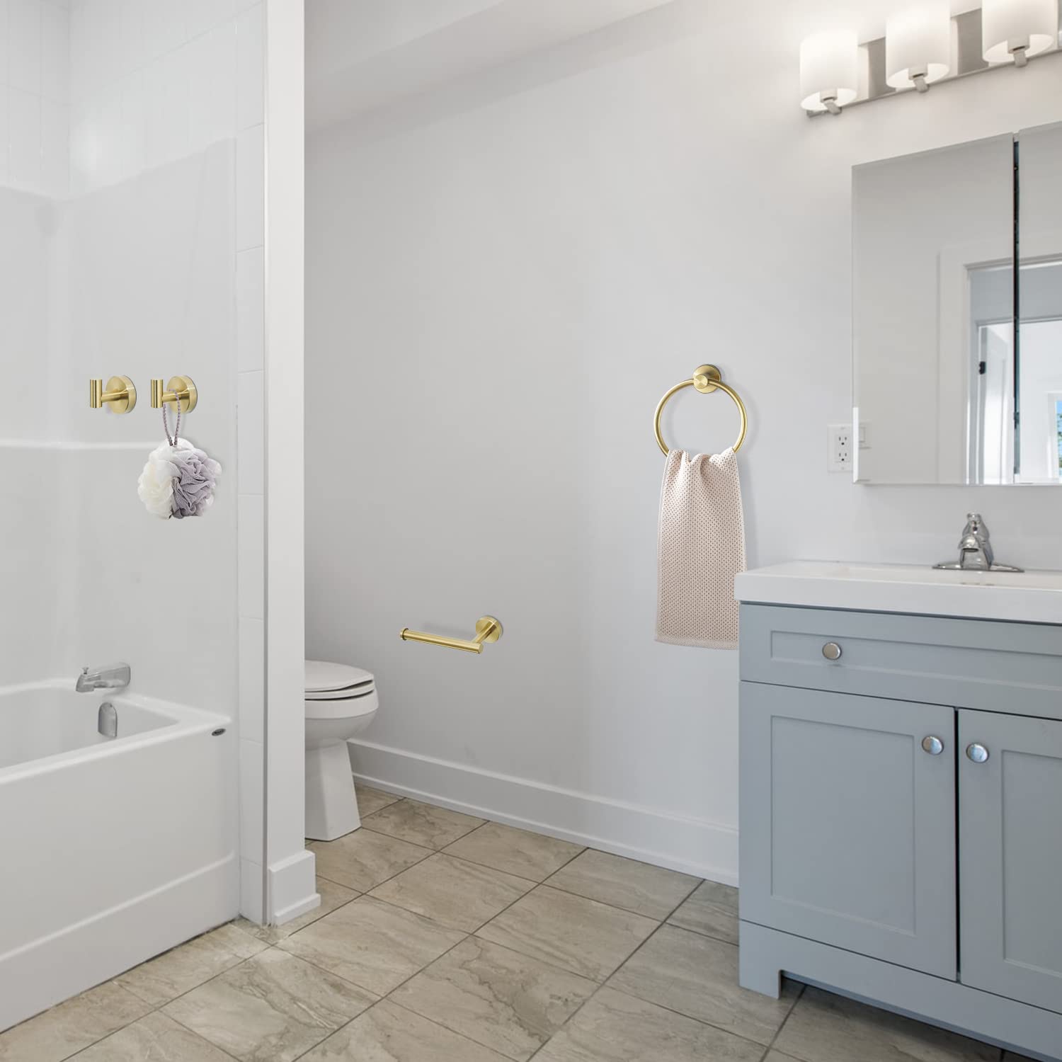 Weiko Gold Bathroom Hardware Set, Brushed Gold Toilet Paper Holder Towel Ring And 2 Robe Hook Bathroom Accessories Hand Towel Ho