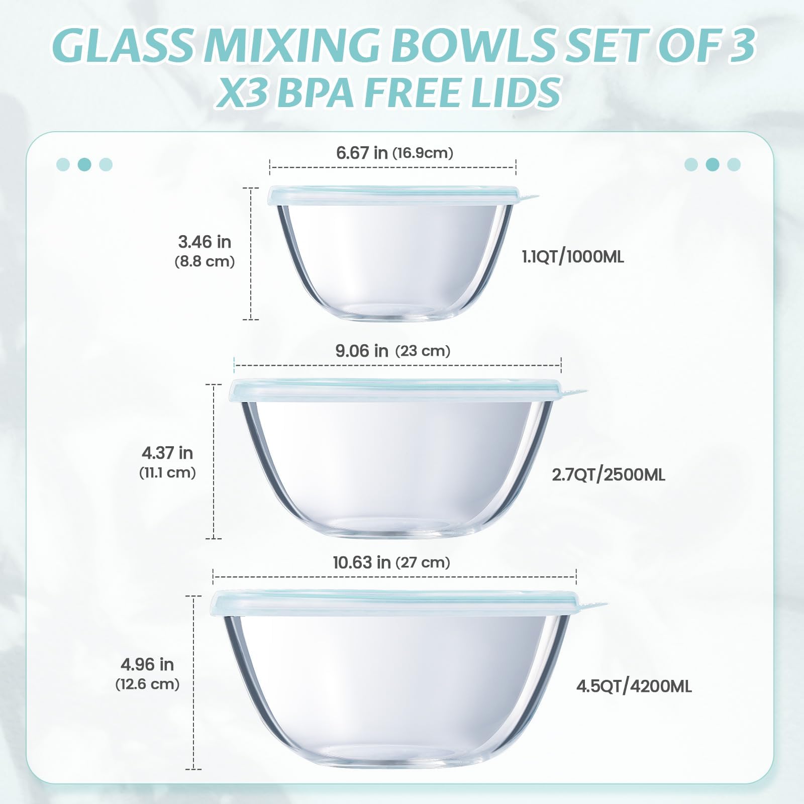 Luvan Glass Mixing Bowl With Lids Set(4.5Qt,2.7Qt,1.1Qt), 3Pc Large Glass Mixing Bowls Set, Glass Nesting Bowls, Clear Salad Mix