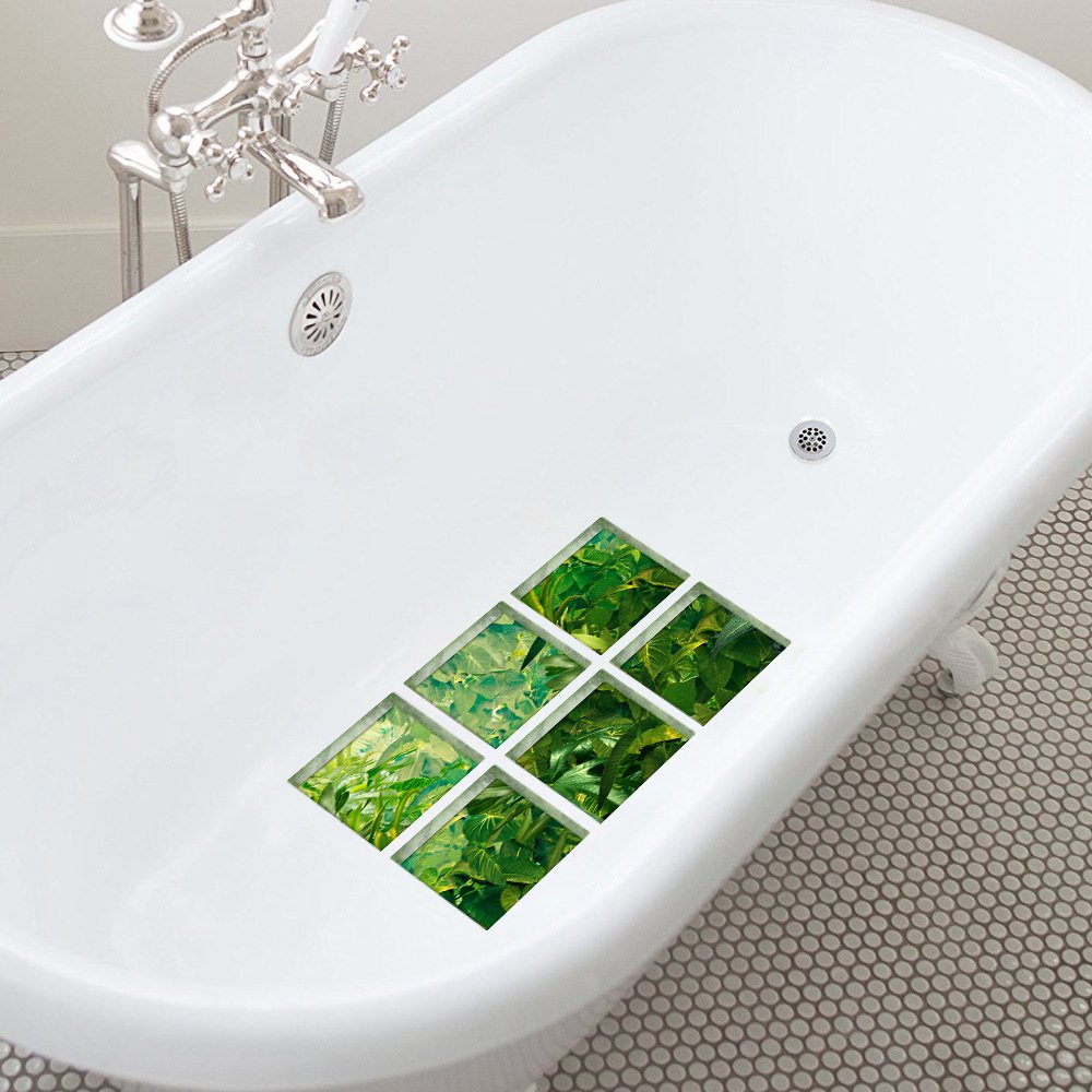 ChezMax Bath Treads Stickers Tropical Forest Pattern Square 3D Adhesive Anti Slip Tub Tattoos Safety Decals Mat Waterproof Shower Tub Sticker Bathtub Appliques for Bath Pools Home Decor 5.9'' X 5.9''