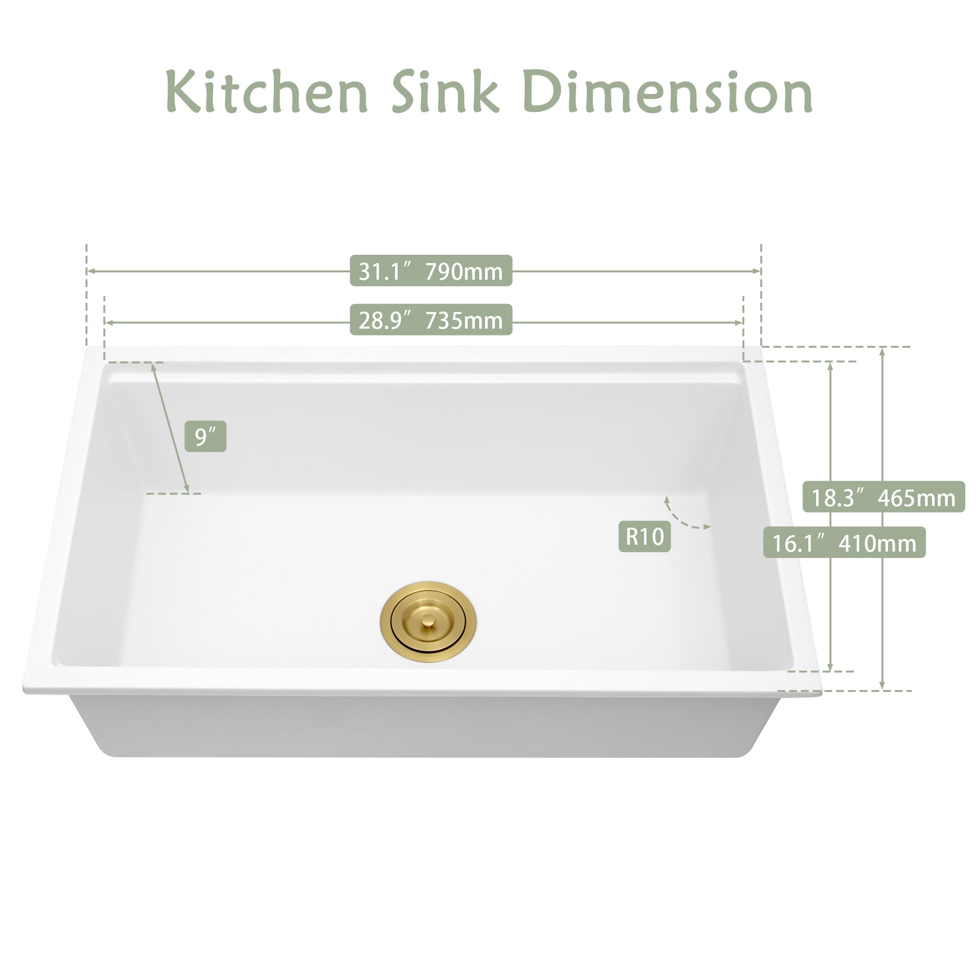 Monsinta 31 Inch Kitchen Sink, White Kitchen Sink, Single Bowl Kitchen Sink, Undermount Kitchen Sink, Large Workstation Kitchen