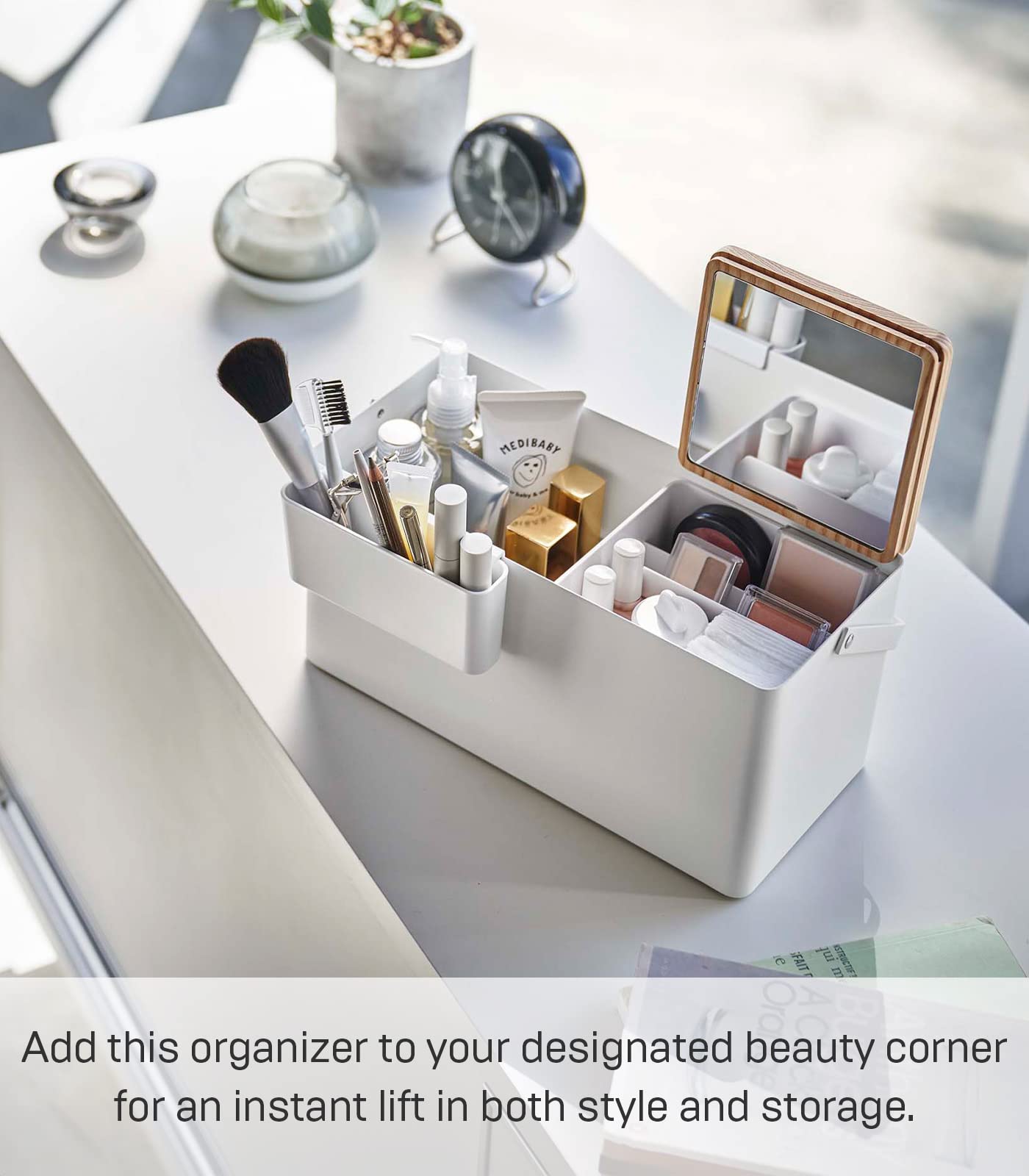 YAMAZAKI Home Tower Large Makeup Organizer Cosmetic Caddy with Handle Vanity Storage Drawer with Lid - Steel + Wood - White