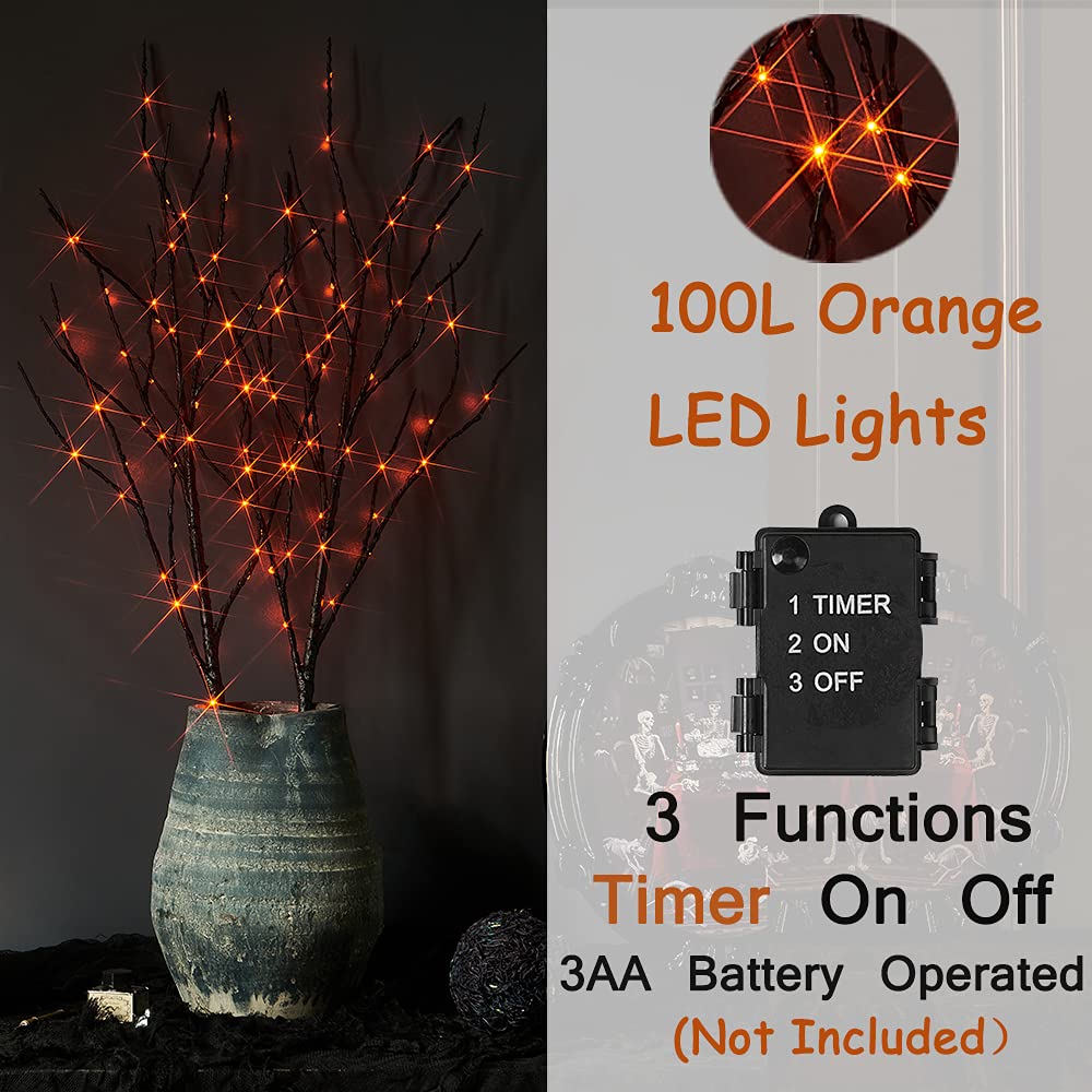 LITBLOOM Halloween Tree Branch Lights 32IN 100 Orange LED with Timer, Lighted Black Twig Branches with Fairy Lights for Hallowee
