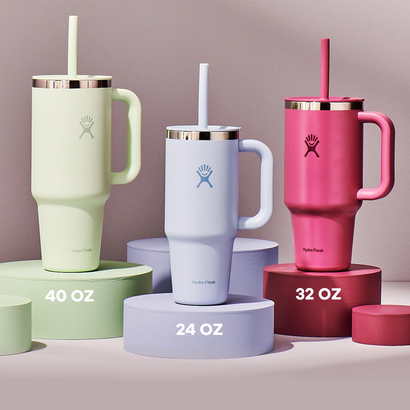 Hydro Flask Travel Tumbler with Handle, Lid and Straw - Insulated Stainless Steel in 24 Oz Botanical Bliss Agave