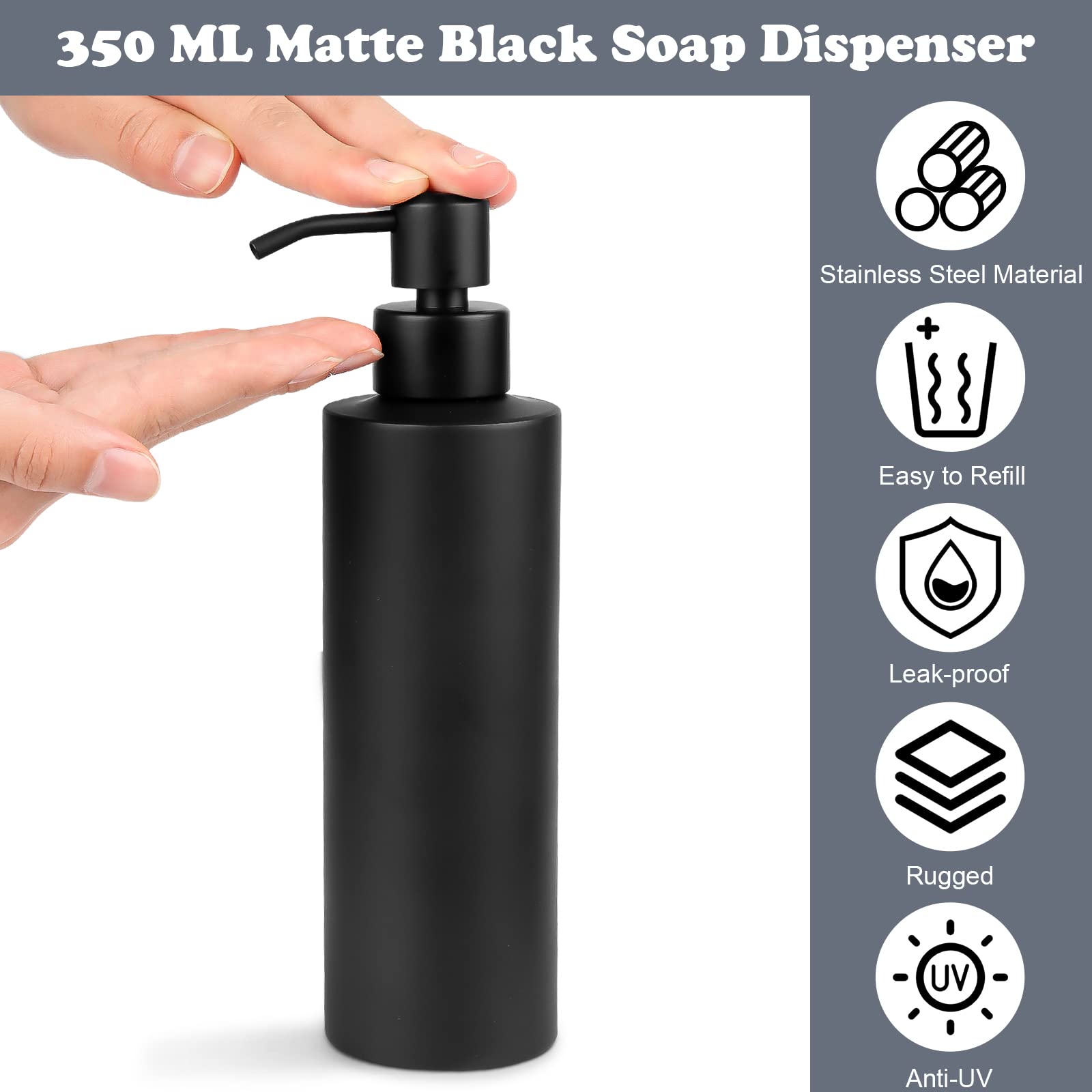 Encuryna Soap Dispenser, 350 Ml, Black (Stainless Steel), Refillable Pump Dispenser For Bathroom, Bedroom And Kitchen