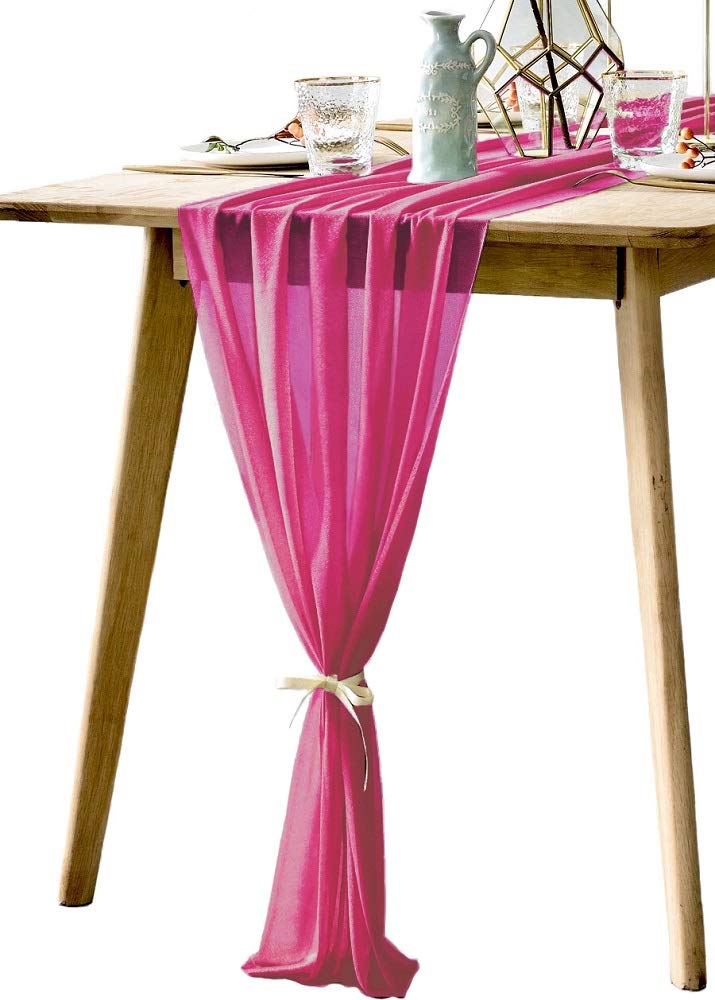 Boxan 30X120 Inch Fuchsia Sheer Table Runner - Boho Romantic Tablecloth For 6 Foot Table In Washable Polyester - Great For Buffe