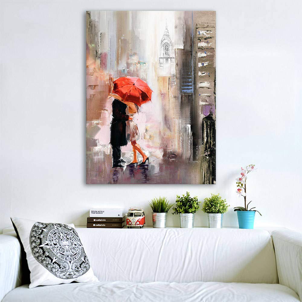 Canvas Wall Art Modern New York Cityscape Large Romantic Canvas Painting Art Wall Decor Lovers Under Red Umbrella Street Scenery