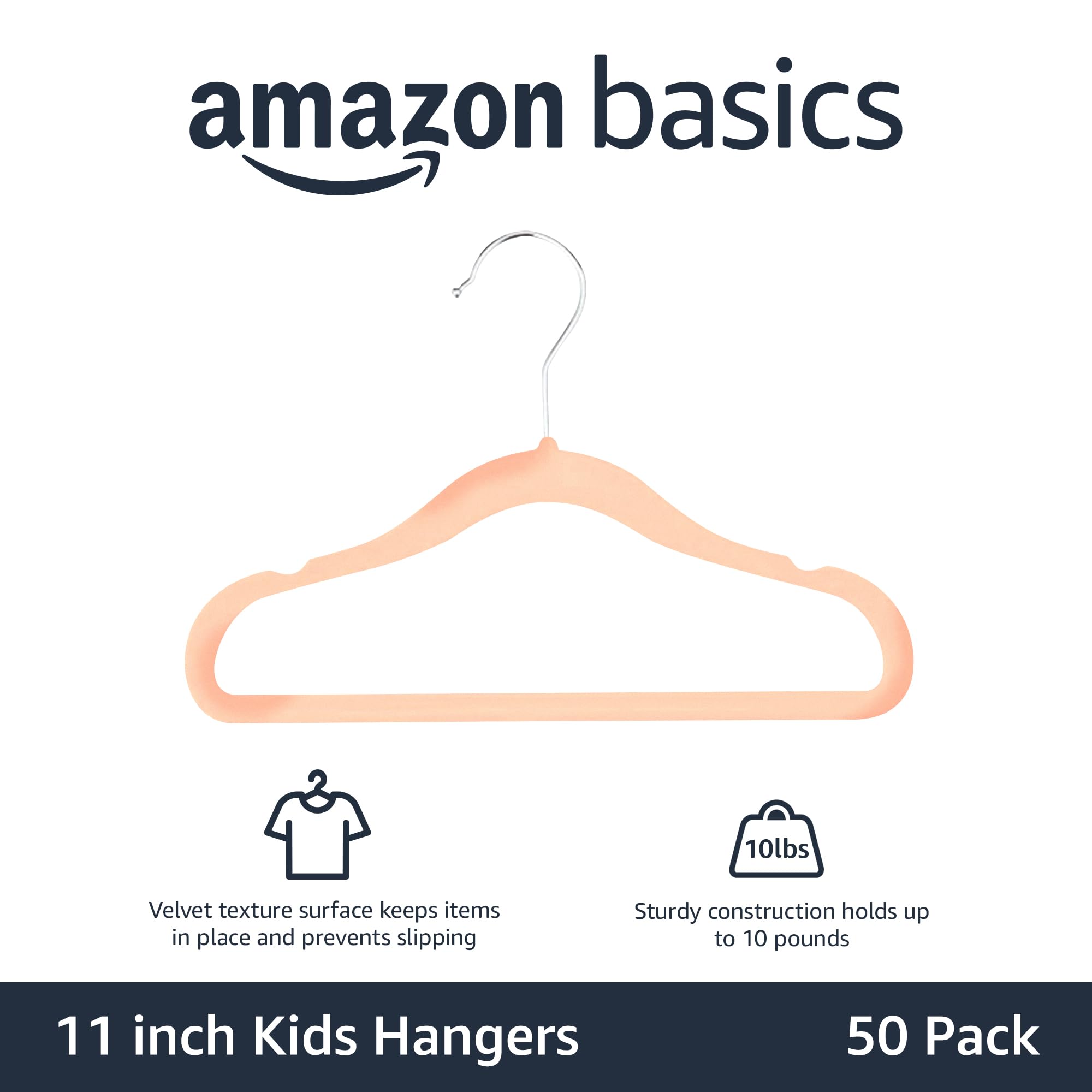 Amazon Basics Kids Velvet, Non-Slip Clothes Hangers For Infant And Toddler, 11.6 Inches (For Baby Clothes), Pack Of 50, Blush