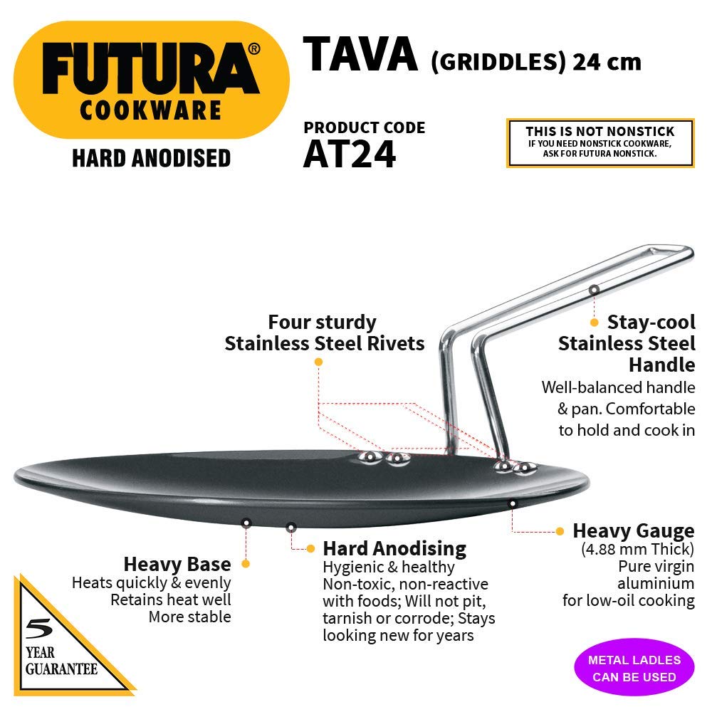 Hawkins Futura Hard Anodised Iron Tava (Black, Diameter 24 Cm, Thickness 4.88 Mm, At24)