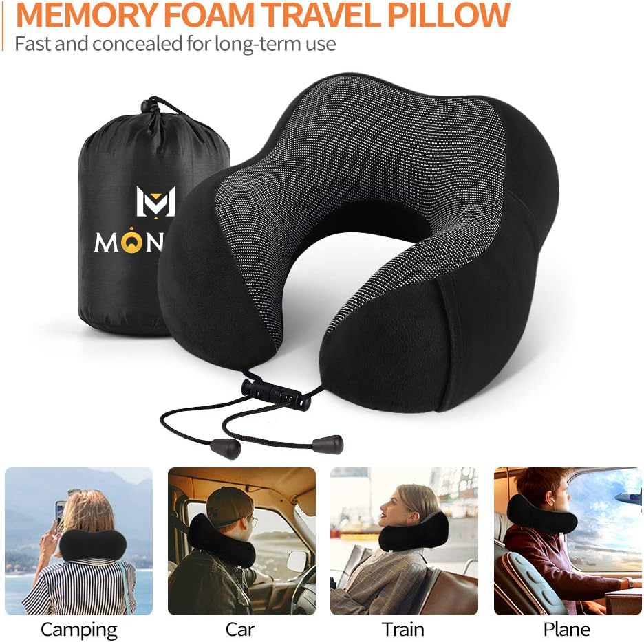Monjay Memory Foam Neck Pillow For Travel, Neck Support Pillow Skin-Friendly And Breathable Pillowcase With 3D Eye Mask, Earplug