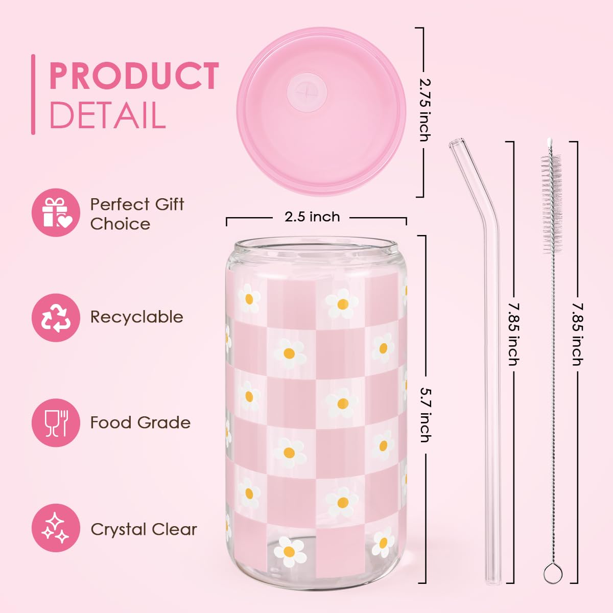 SANDJEST Checkerboard Daisies Glass Can, Floral Checker Cup with Lid & Straw, Iced Coffee Aesthetic Cups, Gift for Christmas Bir