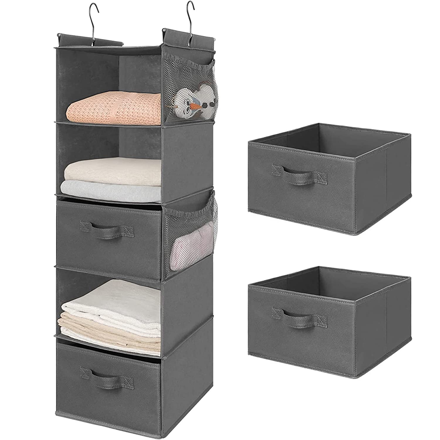 Max Houser 5 Tier Shelf Hanging Closet Organizer, Cloth Hanging Shelf With 2 Sturdy Hooks For Storage, Foldable (Grey-D2)