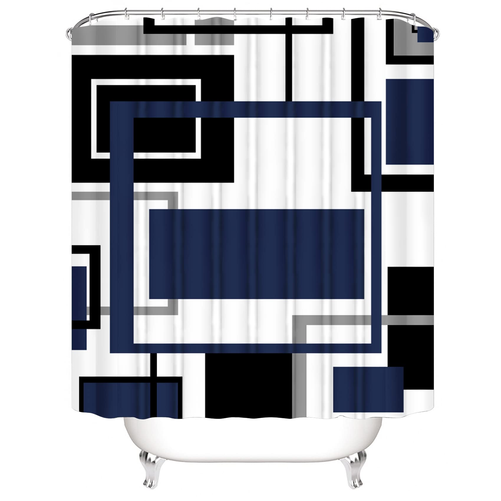 Yddsky 4 Pcs Blue Geometric Shower Curtain Sets With 12 Hooks Non-Slip Rugs U-Shaped Bath Mat, Toilet Cover, Abstract Geometric