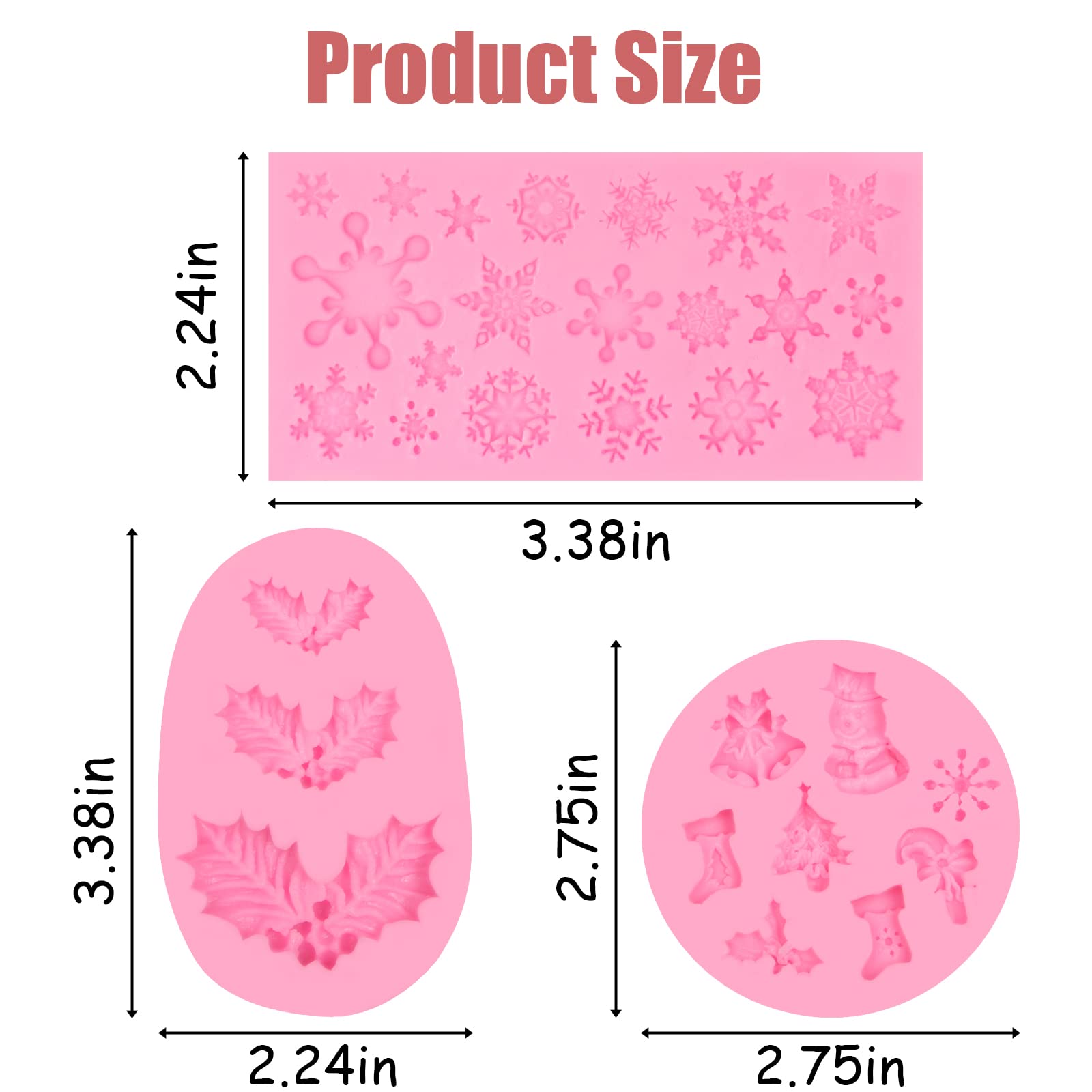 Christmas Snowflake Fondant Silicone Molds 3 Pcs, Christmas Holly Leaf Sock Walking Stick Chocolate Mold For Cake Decoration Can