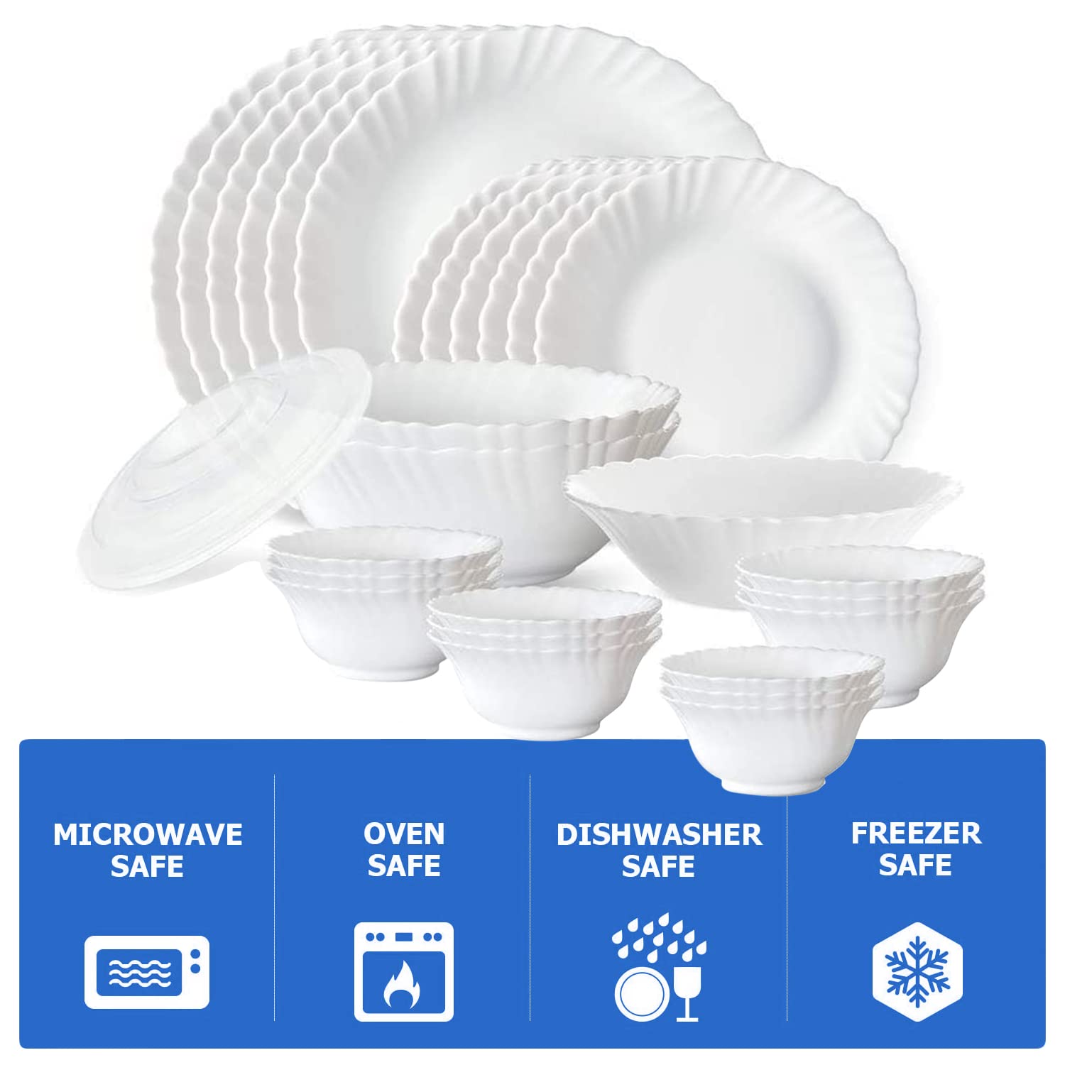 Borosil Gourmet Dinnerware Set For 6, 35 Pieces, White Dinner Plates and Bowls Sets, Chip Resistant Tempered Opal Glass, Stain R