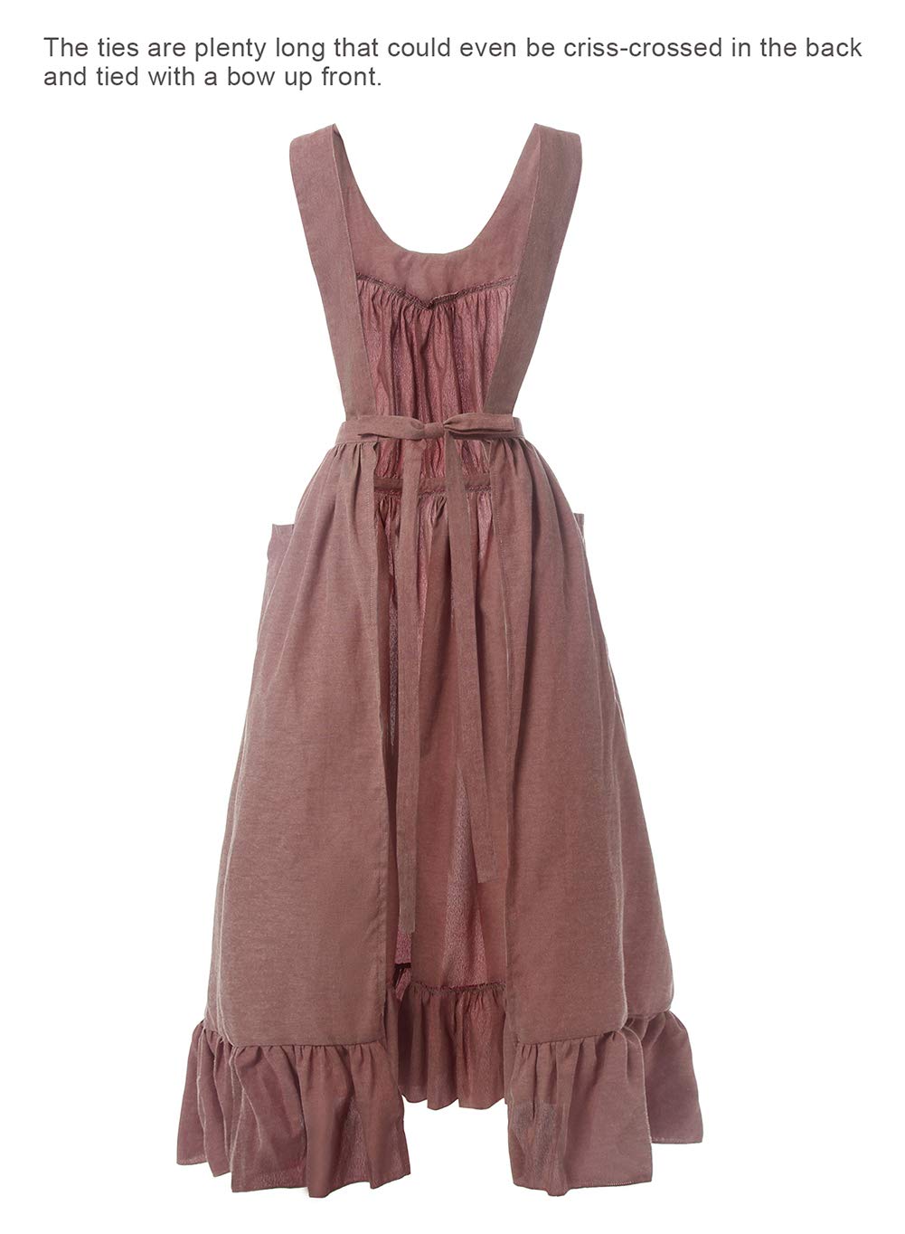 White Vintage Maid Ruffle Apron For Women Colonial Pioneer Peasant Apron Pinafore Adjustable Kitchen Gift (Large, Dry Rose)