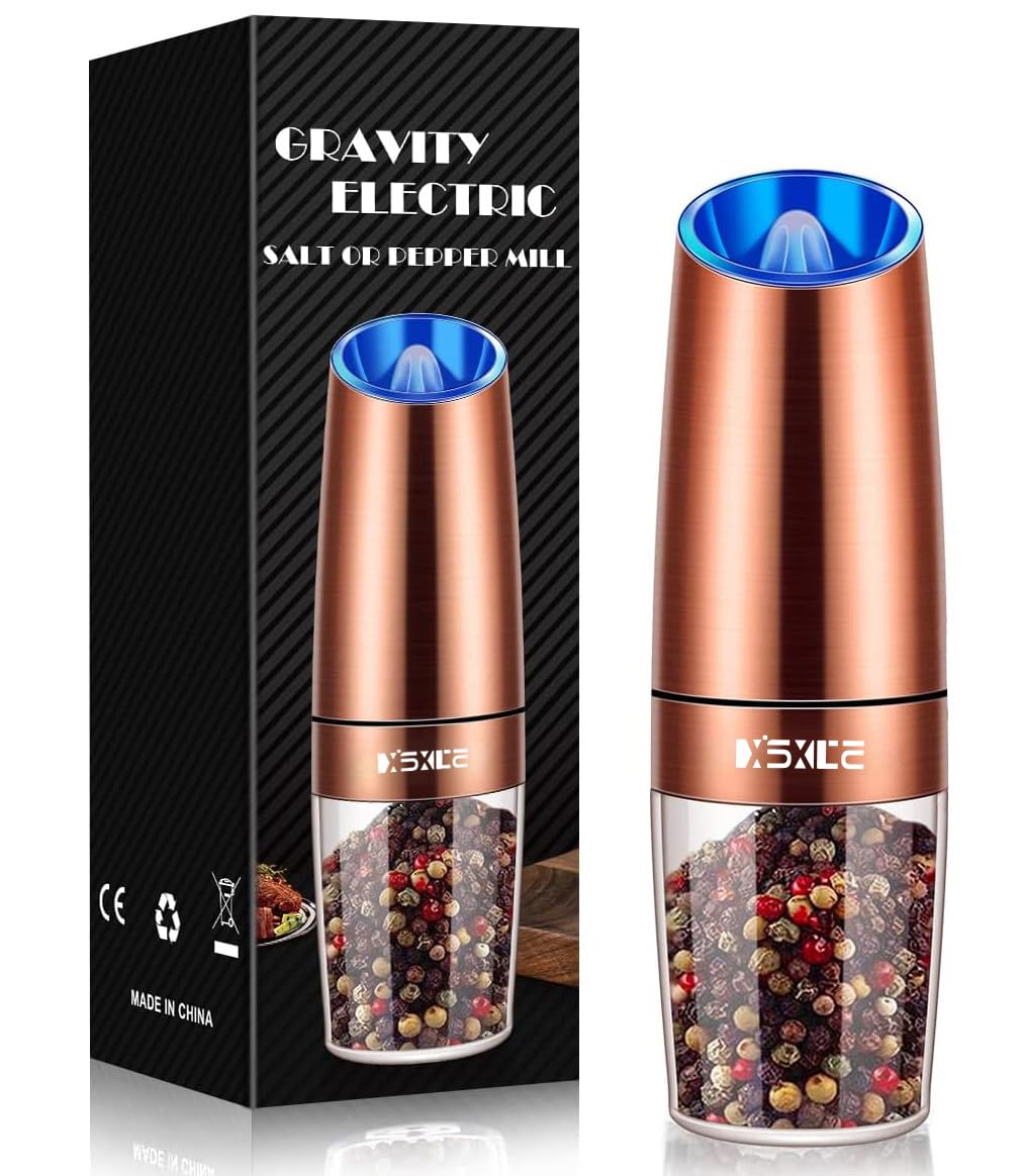 XinXu Gravity Electric Pepper/Salt Grinder, Salt or Pepper Mill, Adjustable Coarseness, Battery Powered with LED Light, One Hand