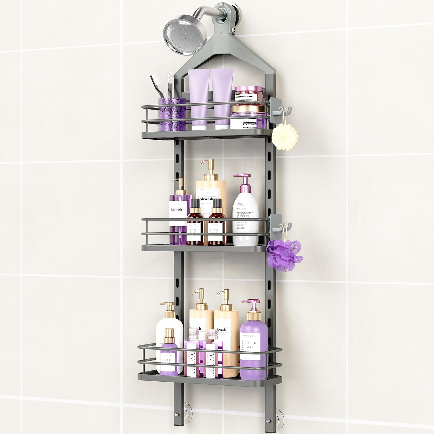 ODesign 3 Tier Height-Adjustable Shower Caddy Hanging Anti-Swing-Over The Shower Head Caddy-Showe r Storage Organizer Bathroom S