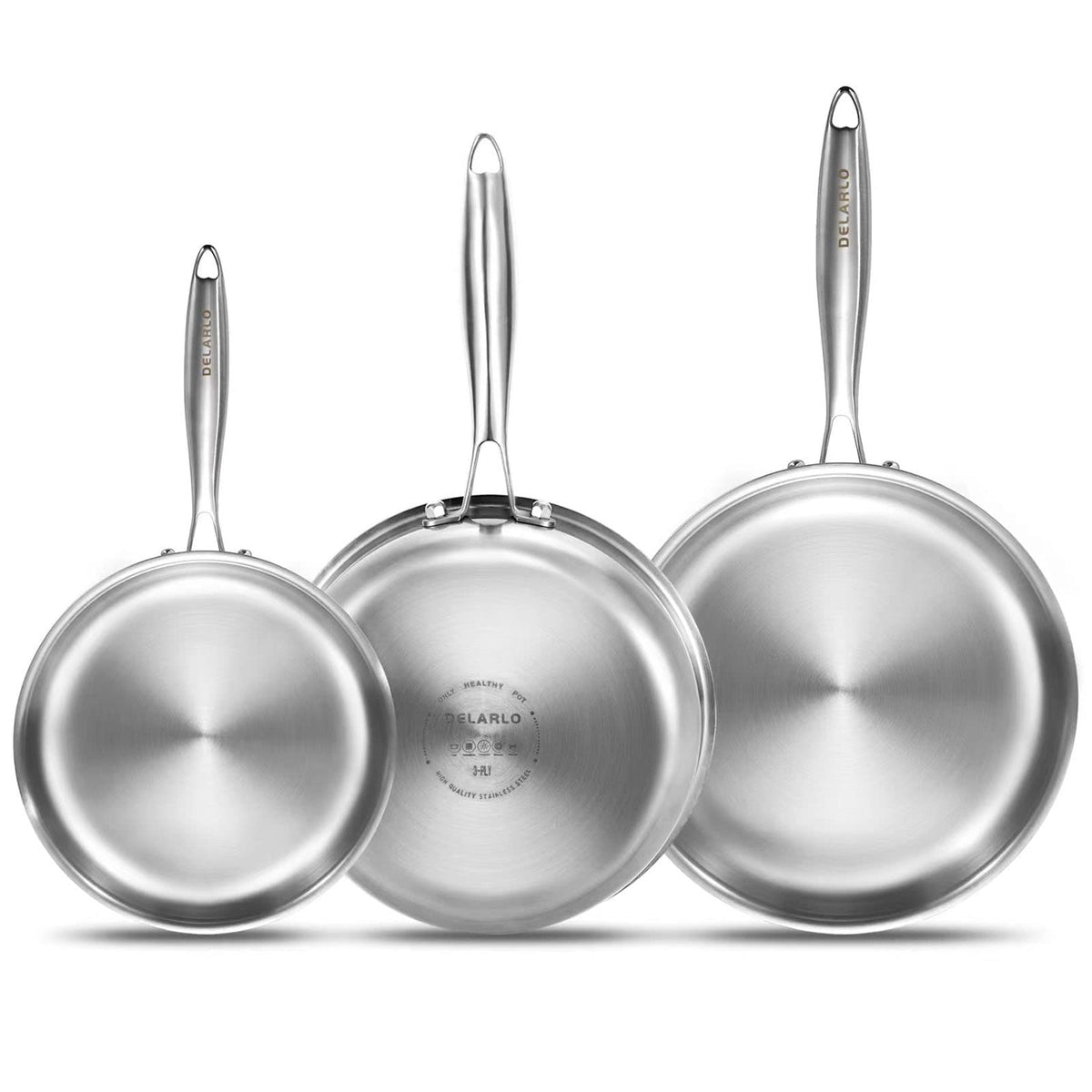 Delarlo Whole Body Tri-Ply Stainless Steel Frying Pan Set, 8   /10   /12    Cooking Pans, Kitchen Cookware Set, Fast Heating Che