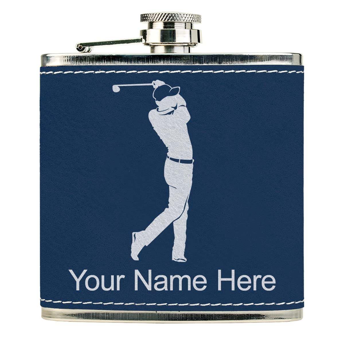 LaserGram Faux Leather Flask, Golfer Golfing, Personalized Engraving Included (Dark Blue)
