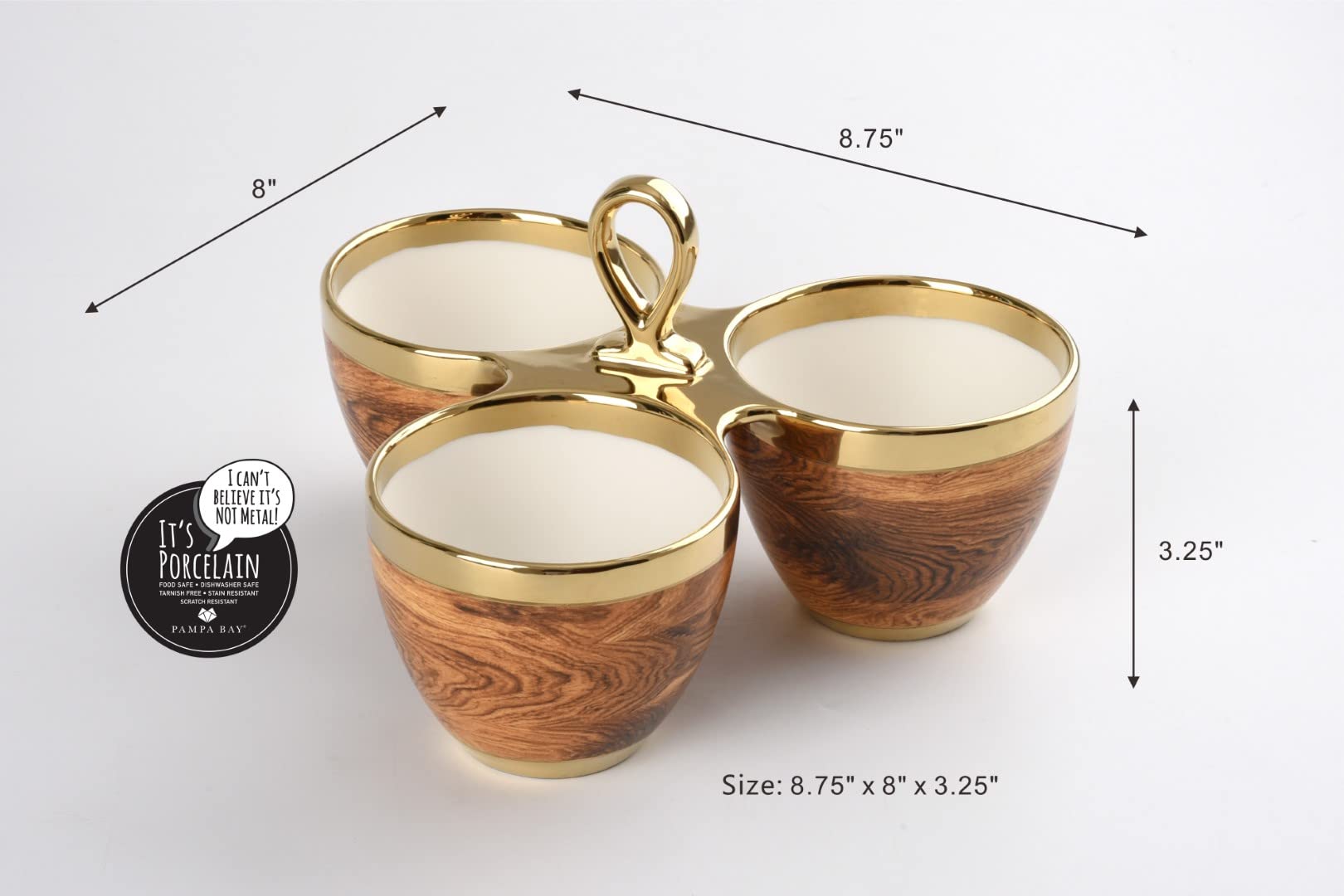Pampa Bay Wood Look Titanium-Plated Porcelain 3 Part Server, 8.8 X 5.5 Inch, Gold/White/Wood Look
