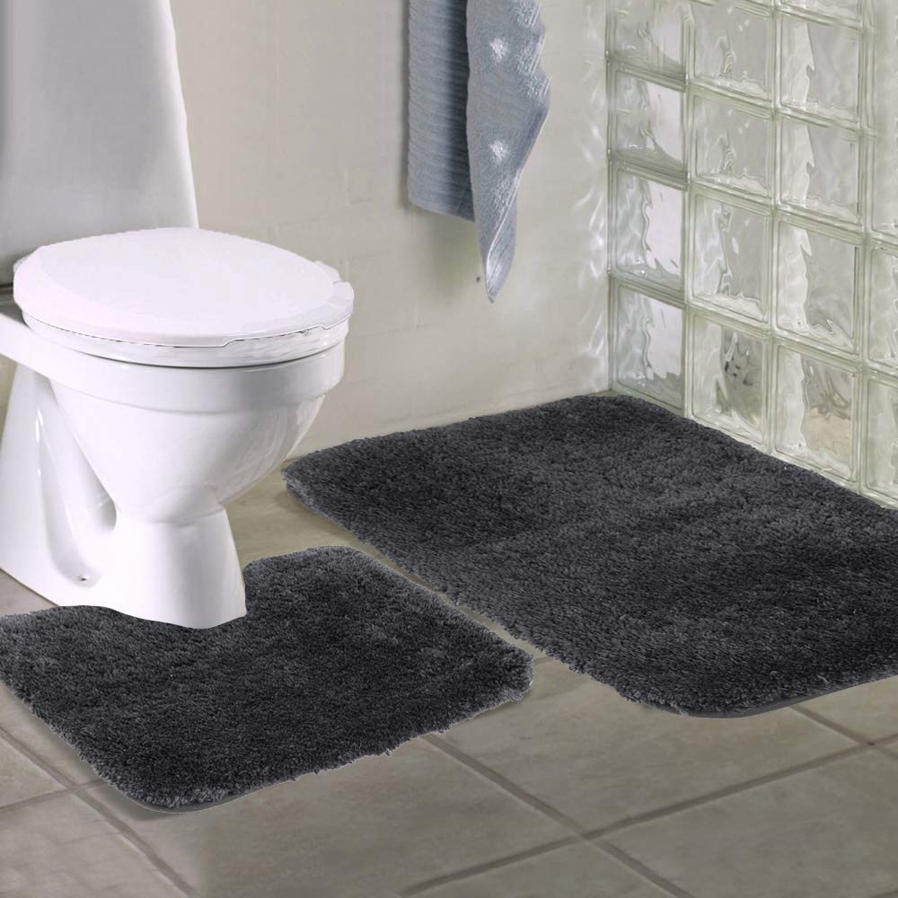 Walensee Shaggy 2 Piece Bath Rug Sets (Black) 20 X 24 U Shape Contour Rug & 20 X 32 Bathroom Rug Machine Wash/Dry Bath Mats For