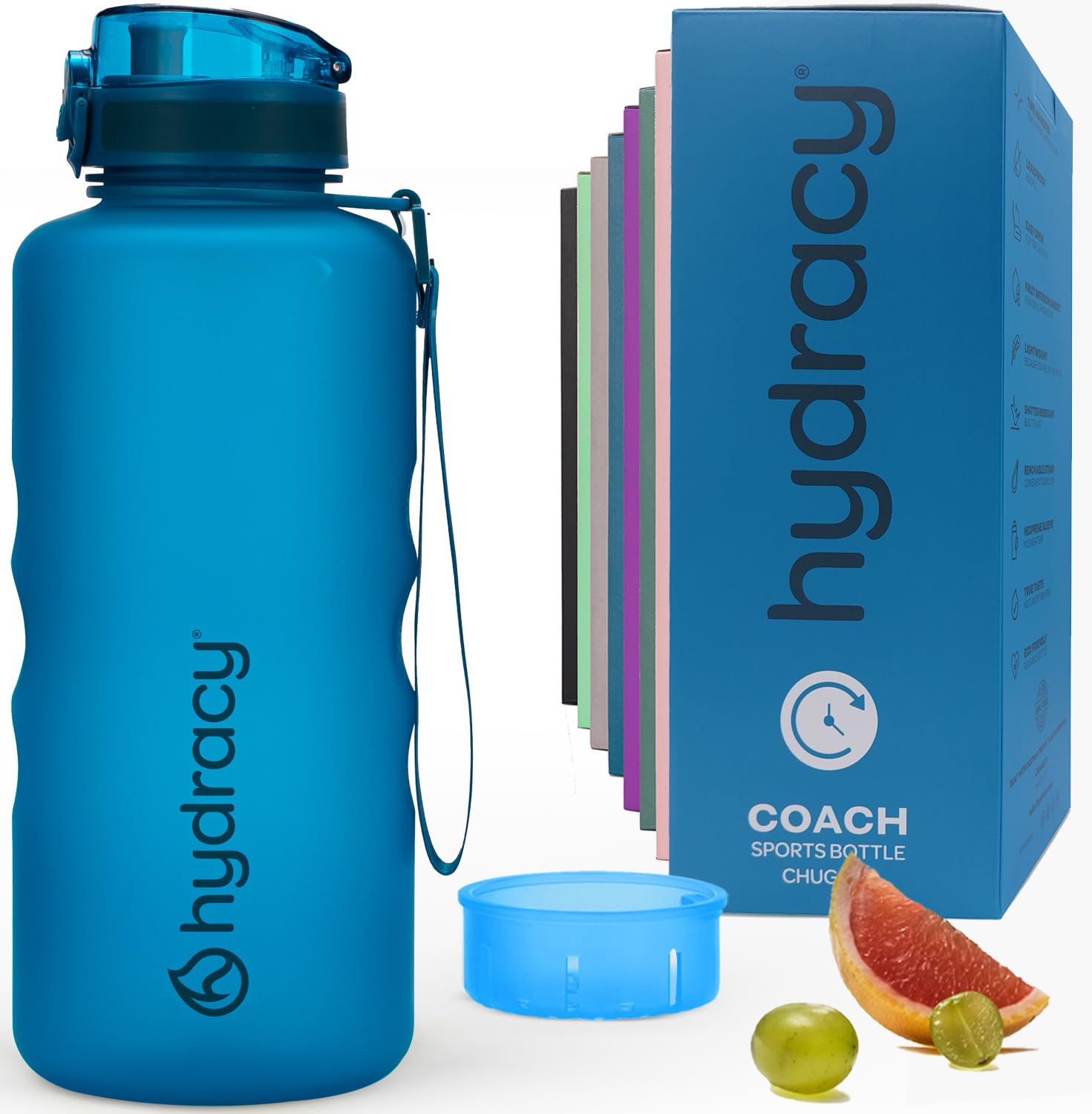 Hydracy Water Bottle with Time Marker -Large Half Gallon 64 oz BPA Free & No Sweat Sleeve -Leak Proof Gym with Fruit Infuser Str