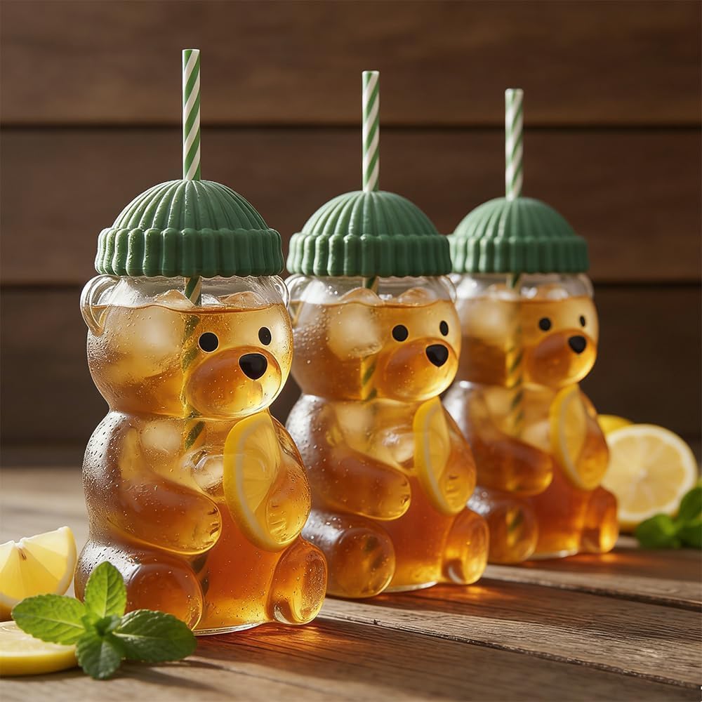 Jenibri Bear Design Plastic Cup with Reusable Straw & Silicone Lid, Clear Tumbler for Smoothies, Juice, Milk, Iced Coffee & Tea,
