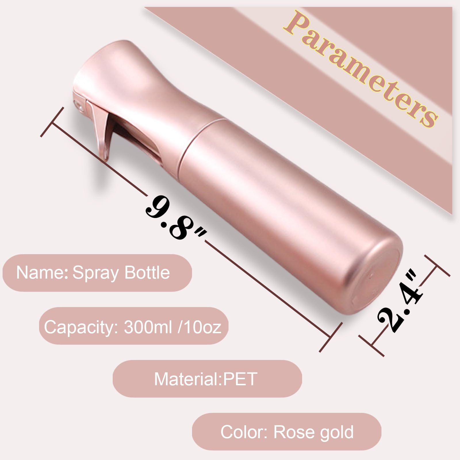 Lerpolor Empty Spray Bottles, Continuous Spray Bottle For Hair, 10 Oz Rose Gold Spray Water Bottle Fine Mist Refillable, Skin Ca