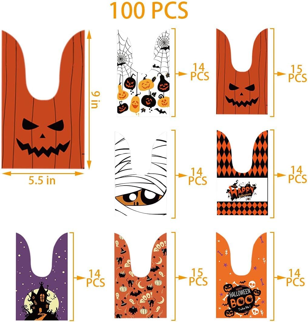 100Pcs Halloween Treat Bags Candy Bags For Halloween Party, 7 Designs Halloween Candy Bags For Kids Trick Or Treat, Plastic Smal