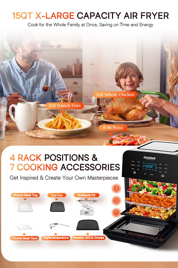 Nuwave Brio 15.5Qt Air Fryer Rotisserie Oven  X-Large Family Size  Powerful 1800W  4 Rack Positions  50-425F Temp Controls  100 Presets & 50 Memory  Integrated Smart Thermometer  Linear T Technology
