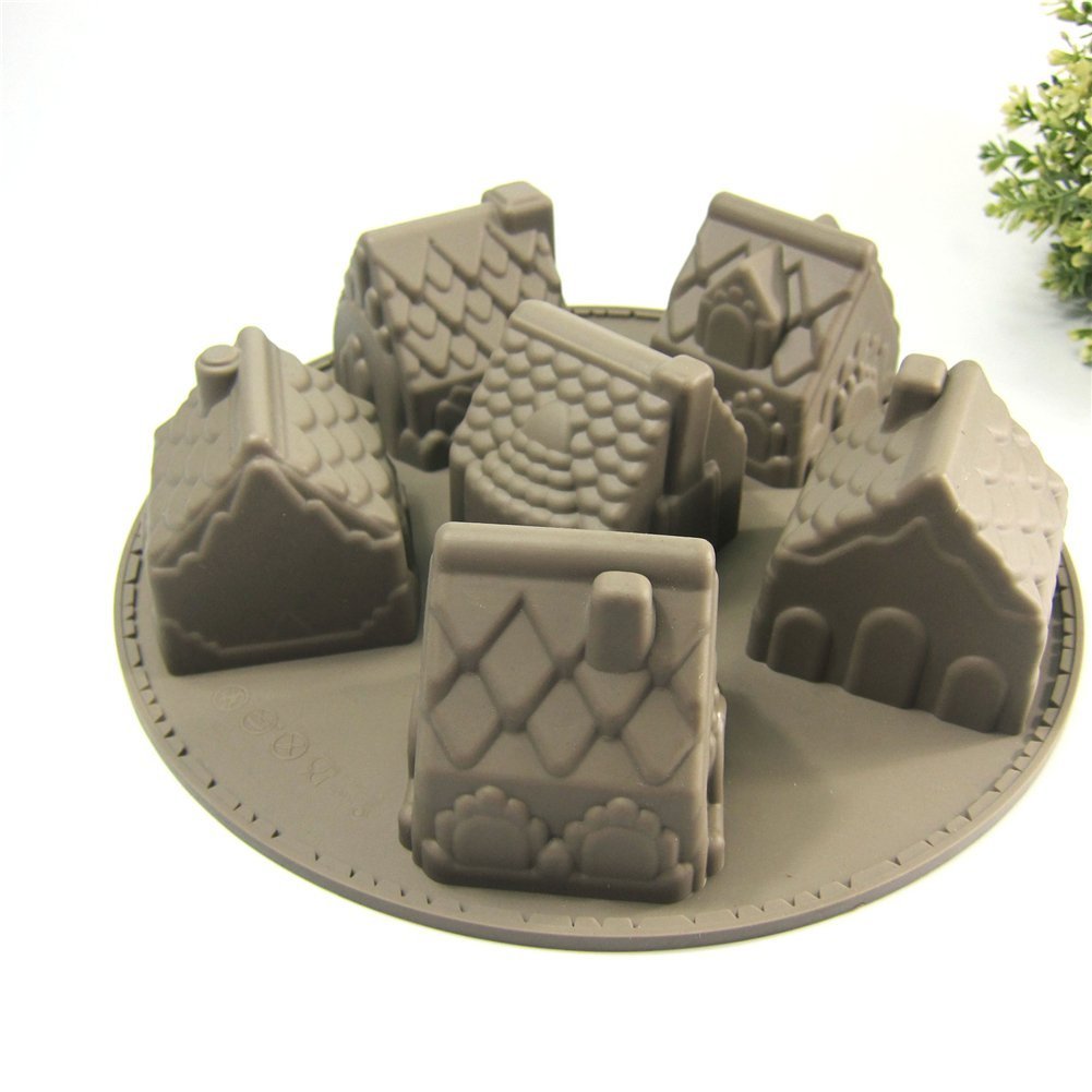 Joyeee 1 Pack House Shape Silicone Mold, 6 Cavity Non-Stick Cozy Village Baking Pan, House Shape Soap Mold, Mini Christmas House
