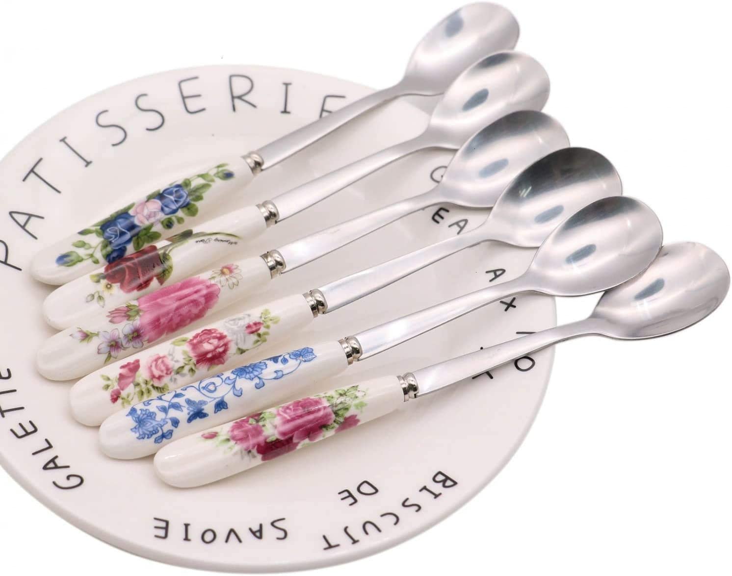 Aiptosy 6 Pack Stainless Steel Coffee Spoon Ceramic Handle Teaspoon Sugar Spoon Ice Cream Desert Spoon Stirring Soup Tableware