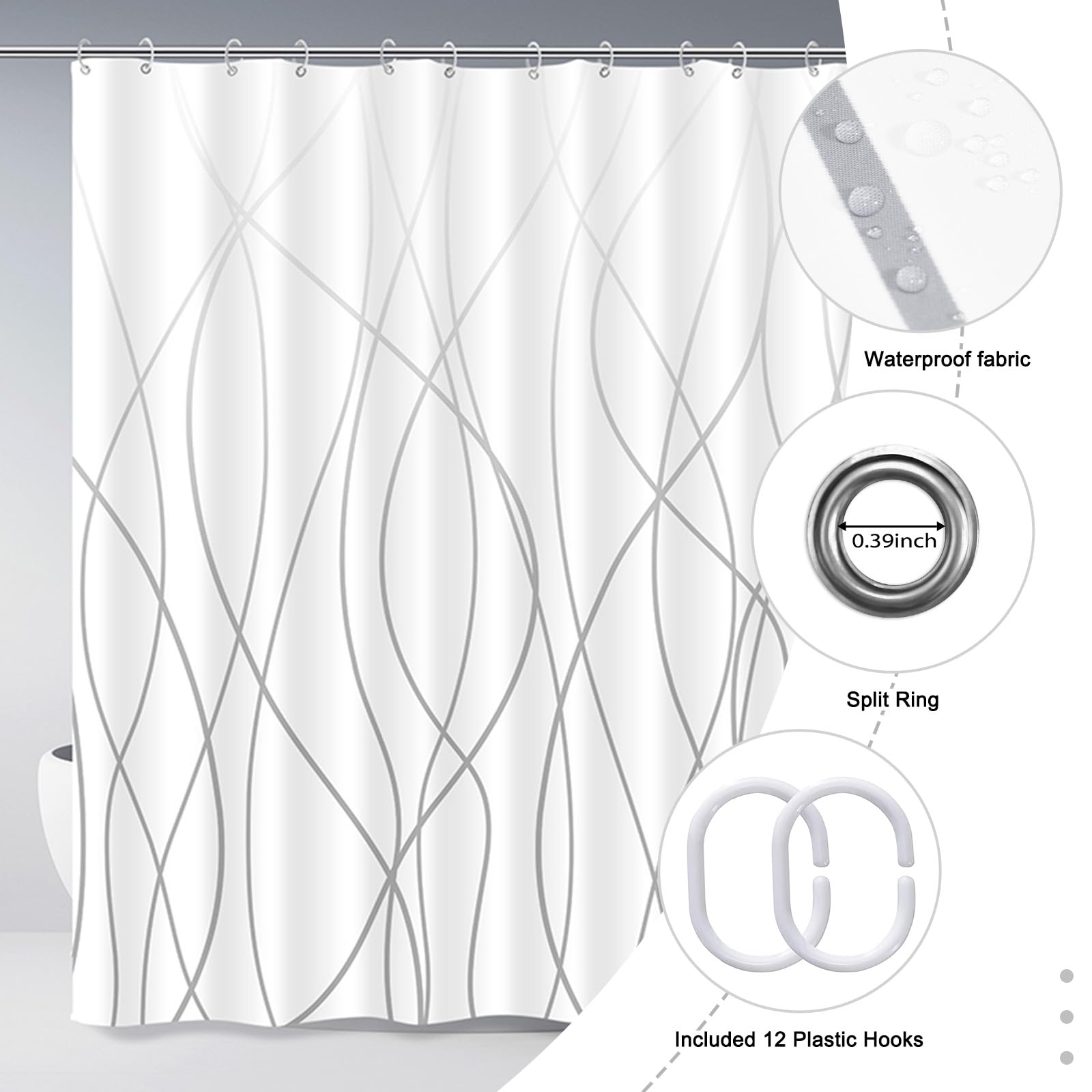 Punkray Ombre Grey Shower Curtain for Bathroom with Hooks Shower Curtain Set Stripe Bath Curtains Decorative White Shower Curtains Water Repellent Washable  72x72