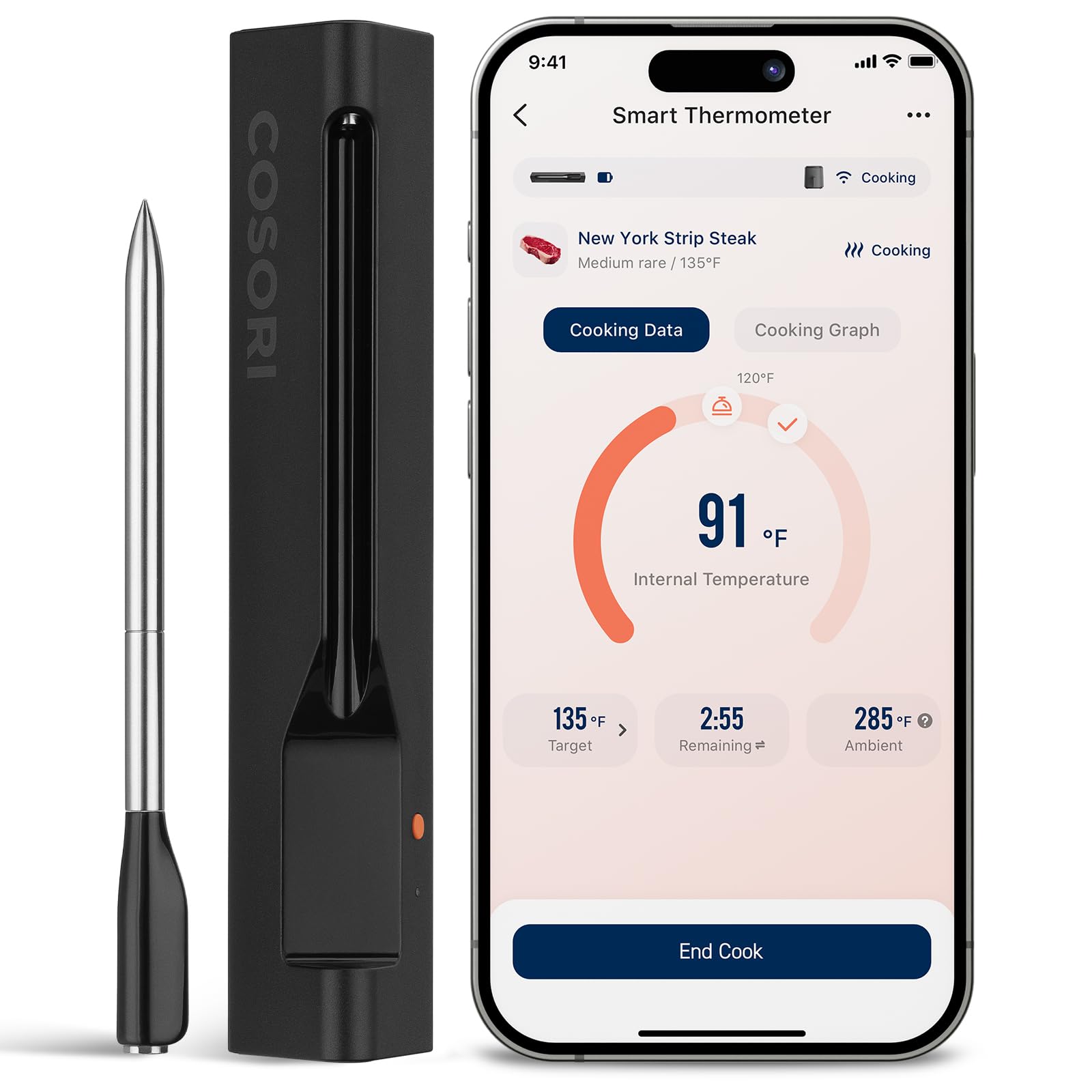 COSORI Wireless Meat Thermometer Digital, Bluetooth Food Thermometer for Grill, Smoker, Oven, Air Fryer for Turkey, Chicken, Ste
