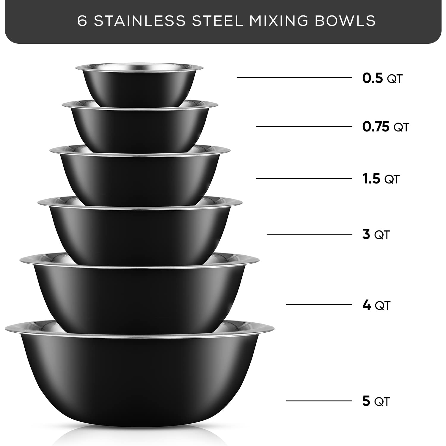 Joyjolt Stainless Steel Mixing Bowl Set Of 6 Mixing Bowls (Black). 5Qt Large Mixing Bowl To 0.5Qt Small Metal Bowl. Kitchen, Coo