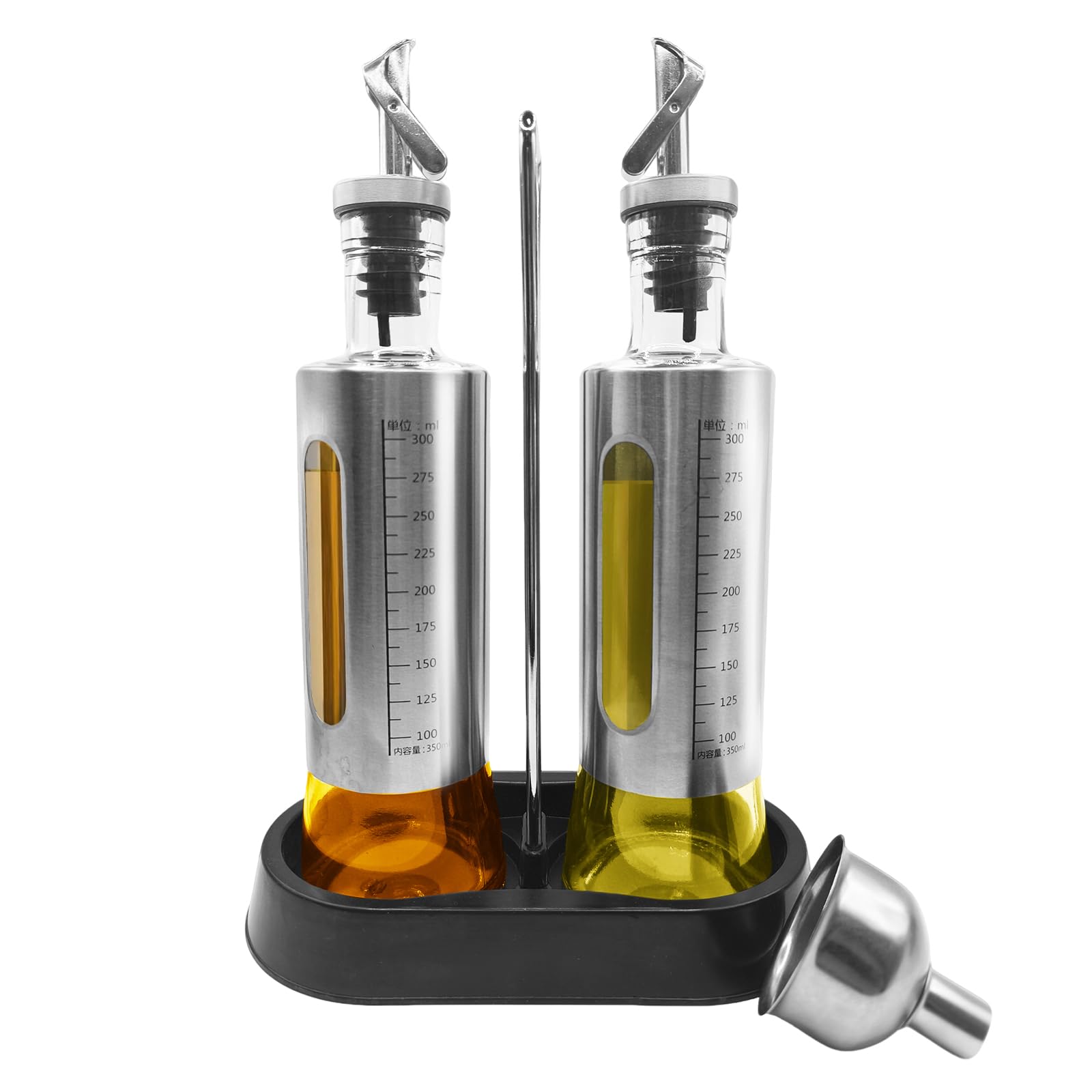 10oz/300 ml Olive Oil Dispenser Bottle, 2 Pack Glass Oil and Vinegar Dispenser Set with Tray, Vinegar and Sauce Bottle Wrapped i