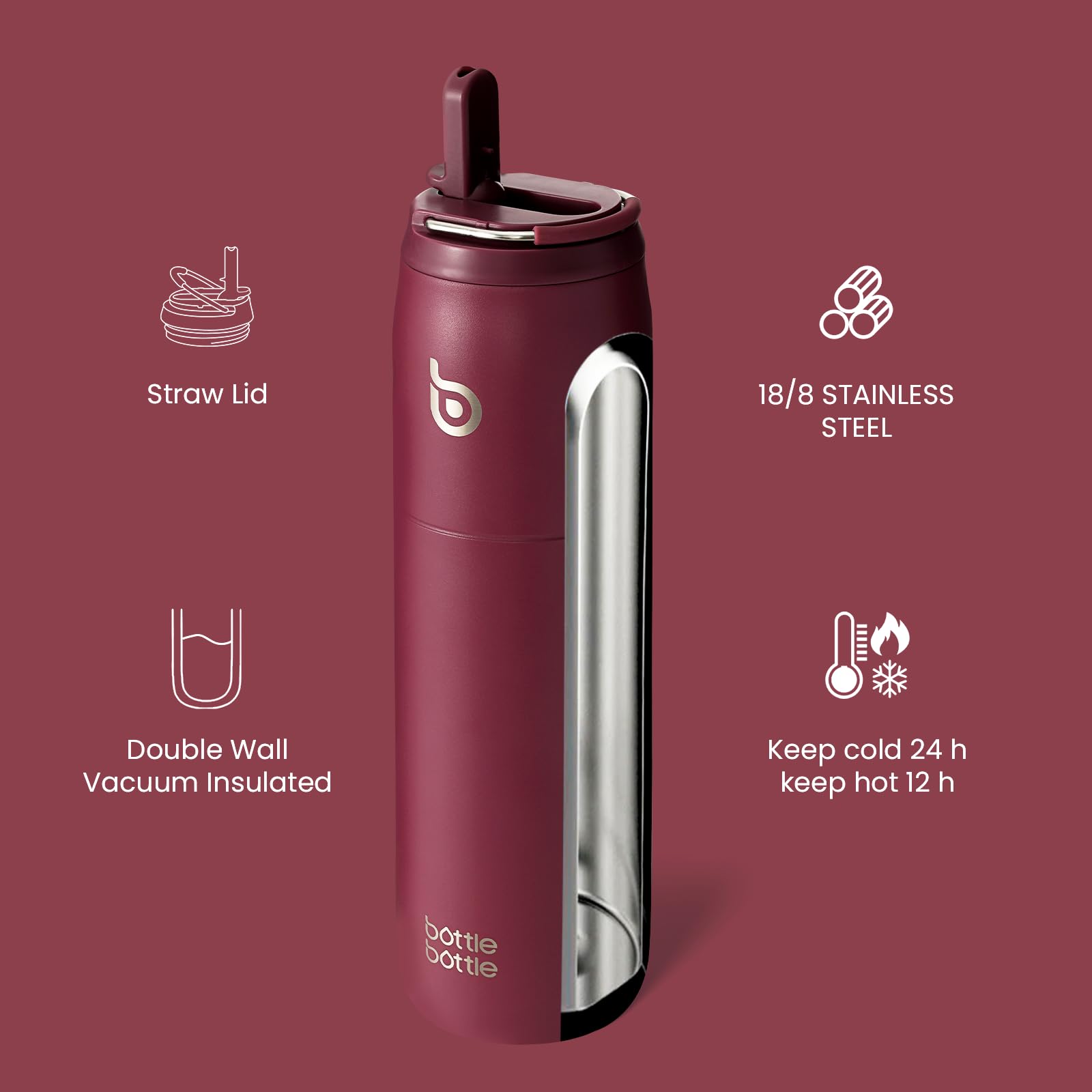 BOTTLE BOTTLE Stainless Steel Water Bottle with Straw and Lid  32oz Vacuum Insulated Water Bottle Flask  Stay Cold for 24 Hrs  Hot for 12 Hrs  Leak-Proof Wide Mouth Sports Water Bottles for School red
