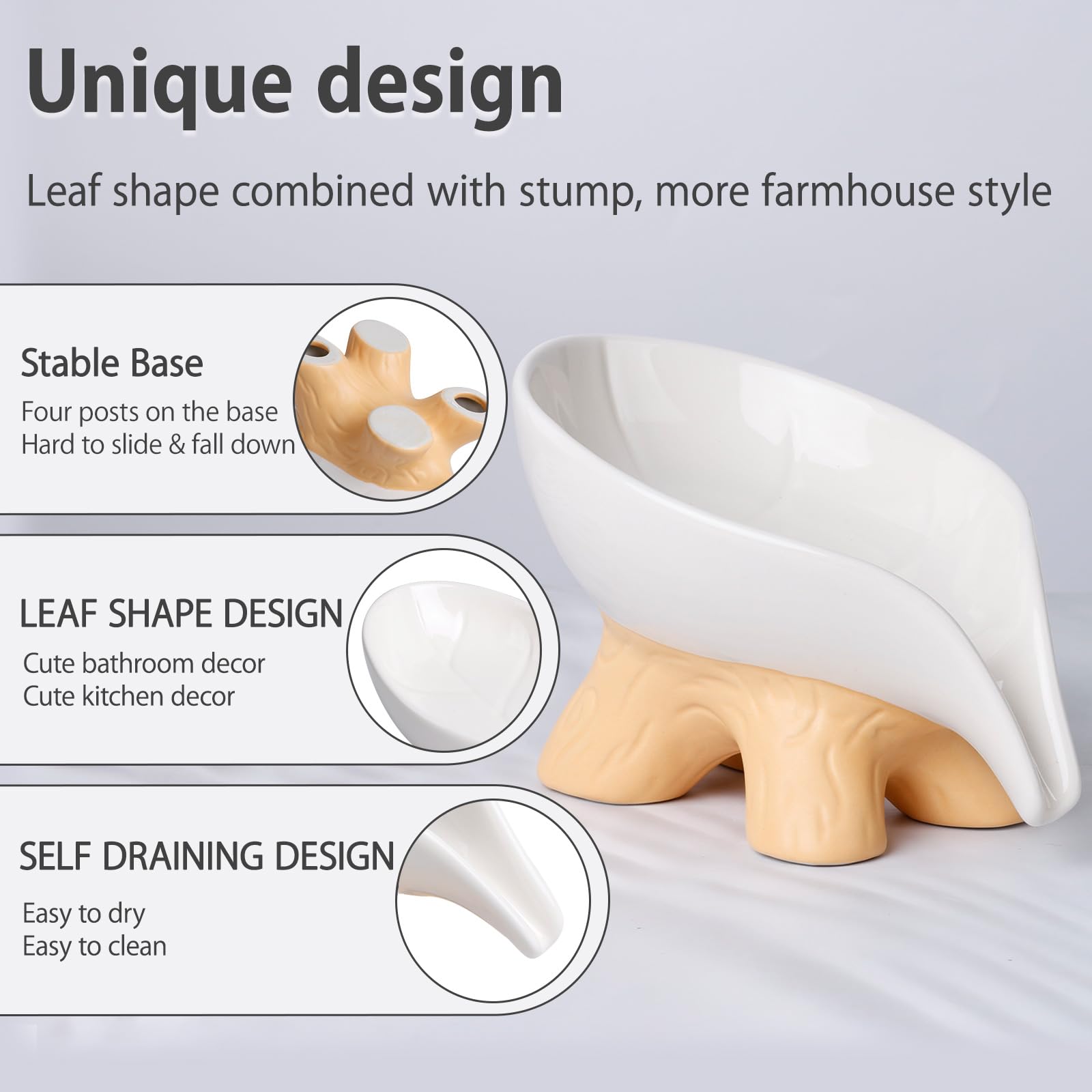 Soap Dish, Soap Holder Self Draining Leaf Shape Soap Dishes, Ceramic Draining Soap Dish For Bathroom Shower, White Farmhouse Soa