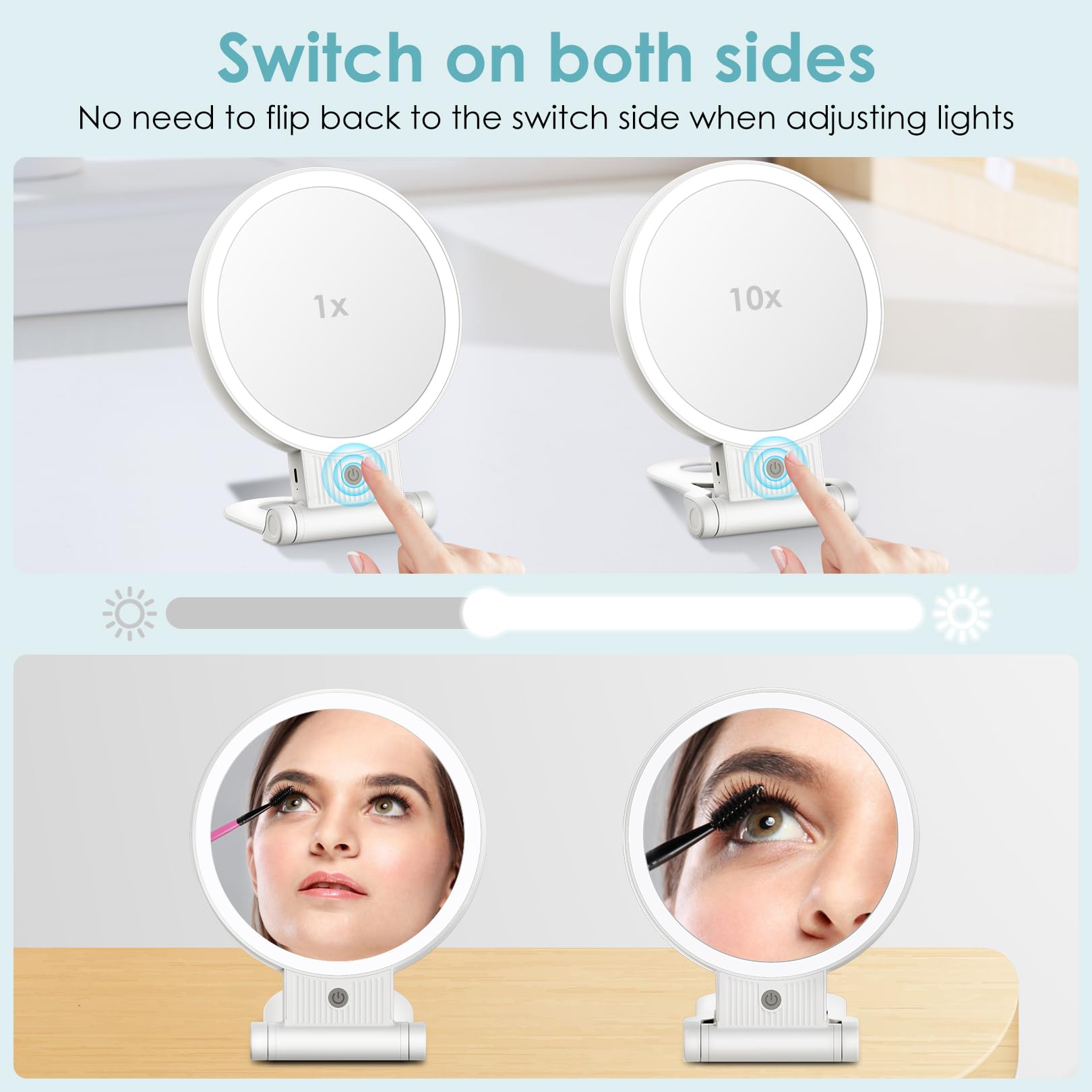 Lukymiro 1X 10X Lighted Makeup Mirror, Rechargeable 8'' Vanity Magnifying Mirror With Lights 3 Color Setting, 2 Sided Led Vanity