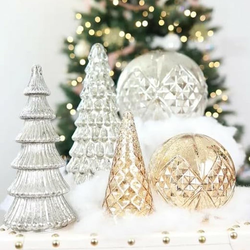 Illuminated Mercury Glass Christmas Trees,Set of 5 Upgrade Mercury Glass Christmas Trees with LED,BFF Collection Christmas Decor