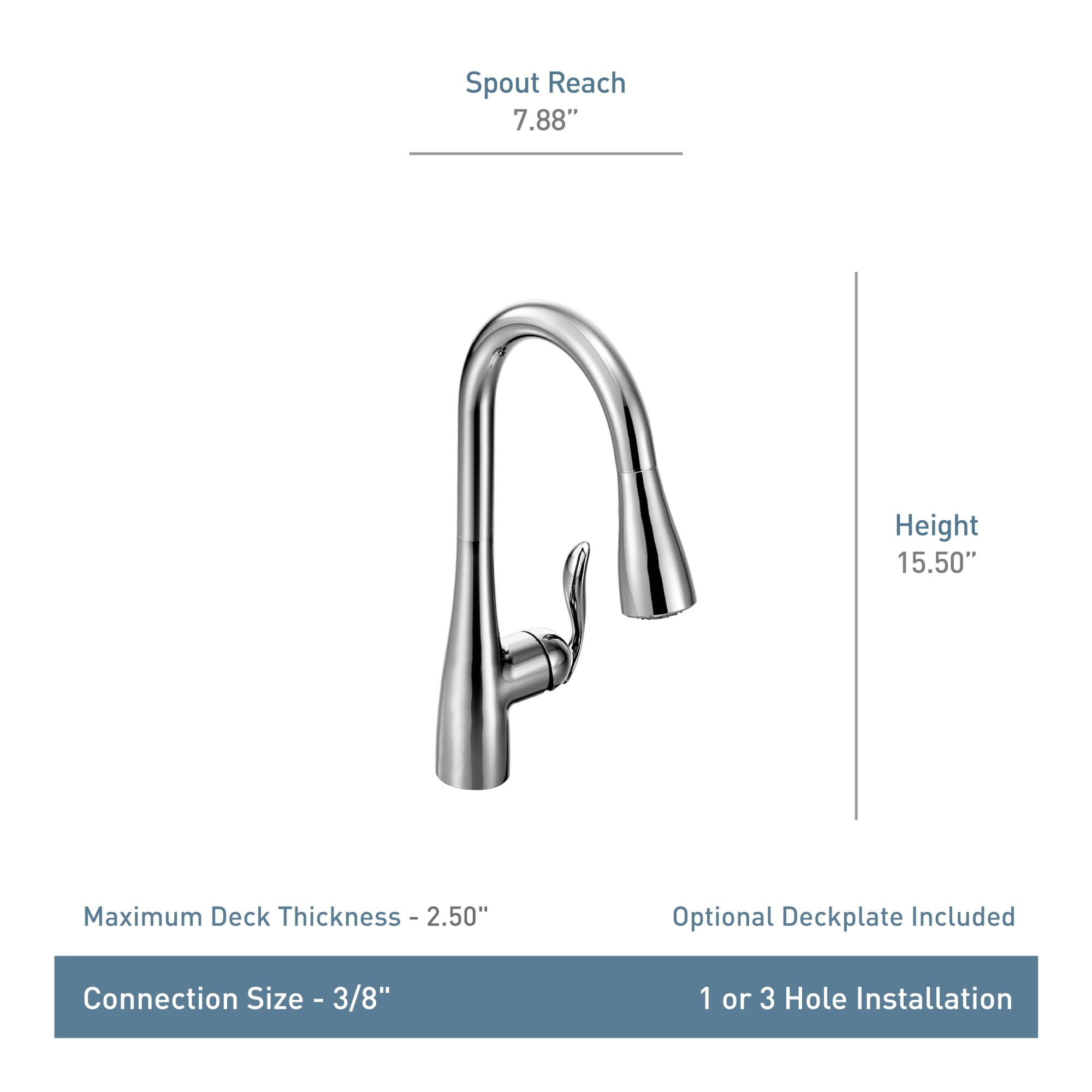 Moen Arbor Kitchen Faucet, Chrome, One-Handle Pulldown, Power Boost, Model 7594C, Metal, 0.375 Size