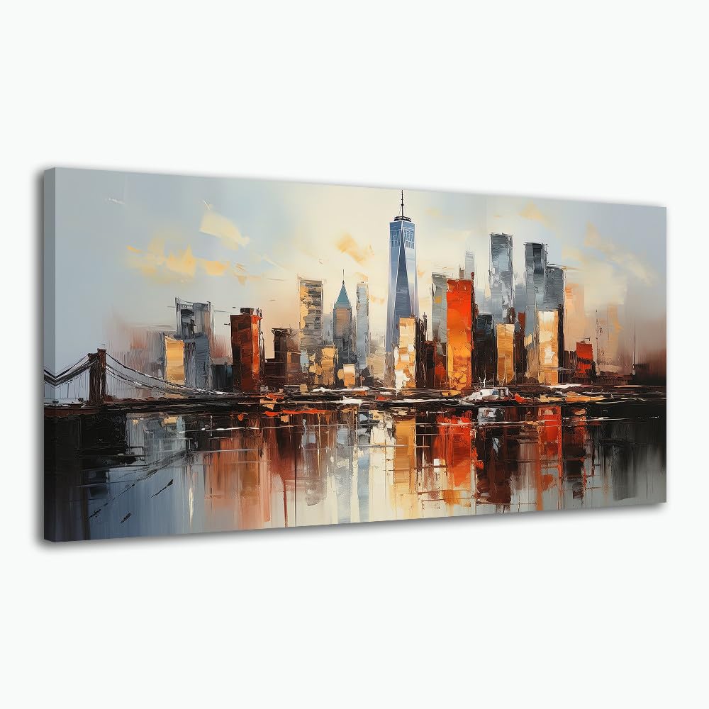 Cityscape Canvas Wall Art Abstract Canvas Painting Grey And Gold Brooklyn Bridge Wall Art Modern New York City Canvas Art Colorf
