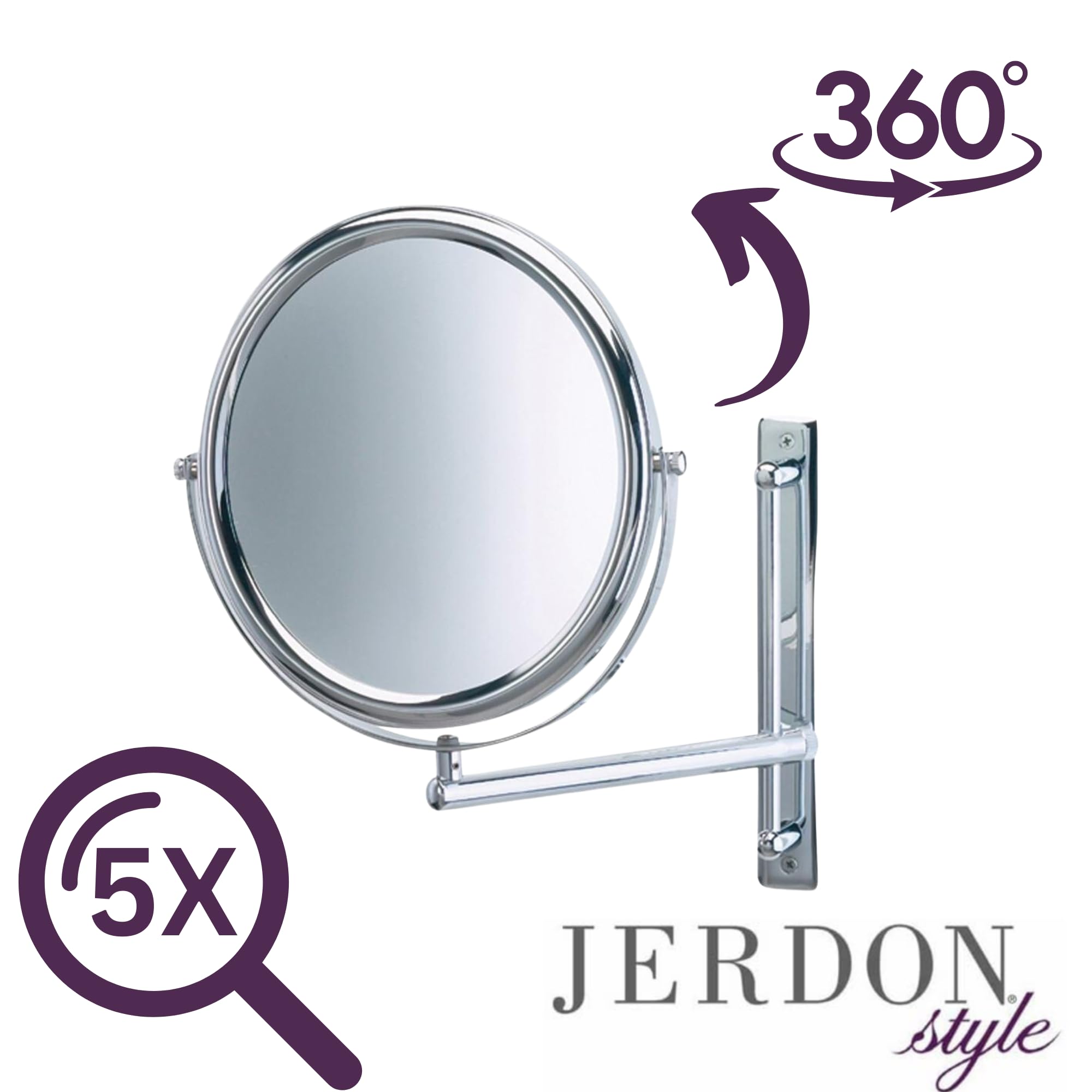 Jerdon Two-Sided Wall-Mounted Makeup Mirror - Makeup Mirror With 3X Magnification & Wall-Mount Arm - 9 Inch Diameter Mirror With