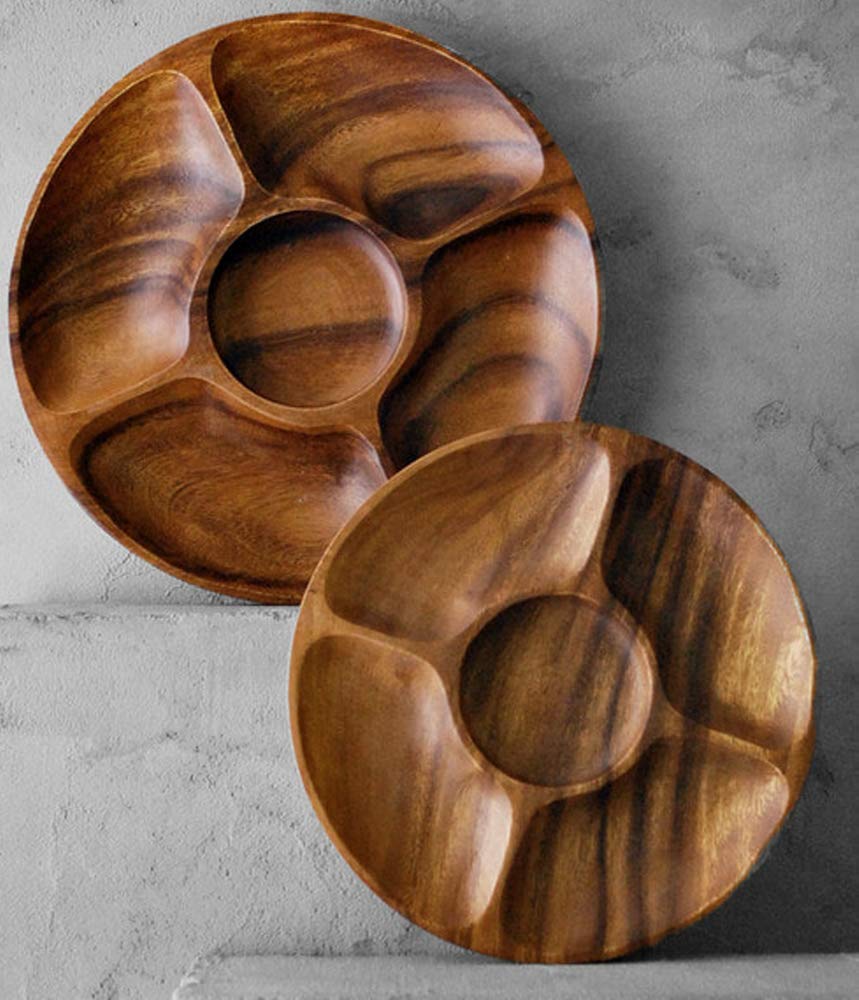 Diameter 12'' Premium Acacia Wooden 5-Compartment Divided Round Wood Plate Divided Dessert Serving Trays Platters 5 Section