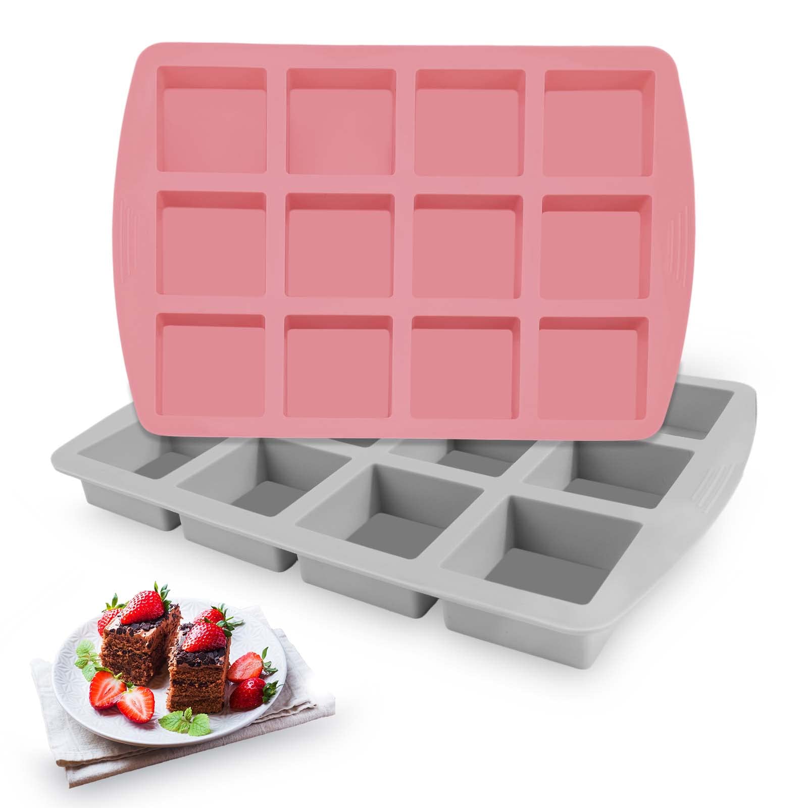 Vodolo Brownie Pan,2Pcs Nonstick Silicone Bite Size Brownie Pan With Dividers,12 Cavity All Edges Brownie Pan,Non Stick Cake Bak