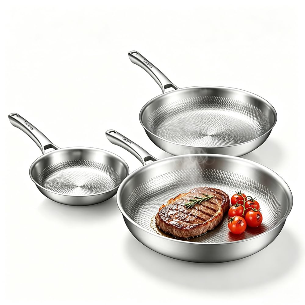 Toutrop Titanium Pans for Cooking,8+10+12Inch Titanium Hammered Pro Frying Pan Set,Non Stick Skillet Cookware,PFAS/PFOA/PTFE Fre