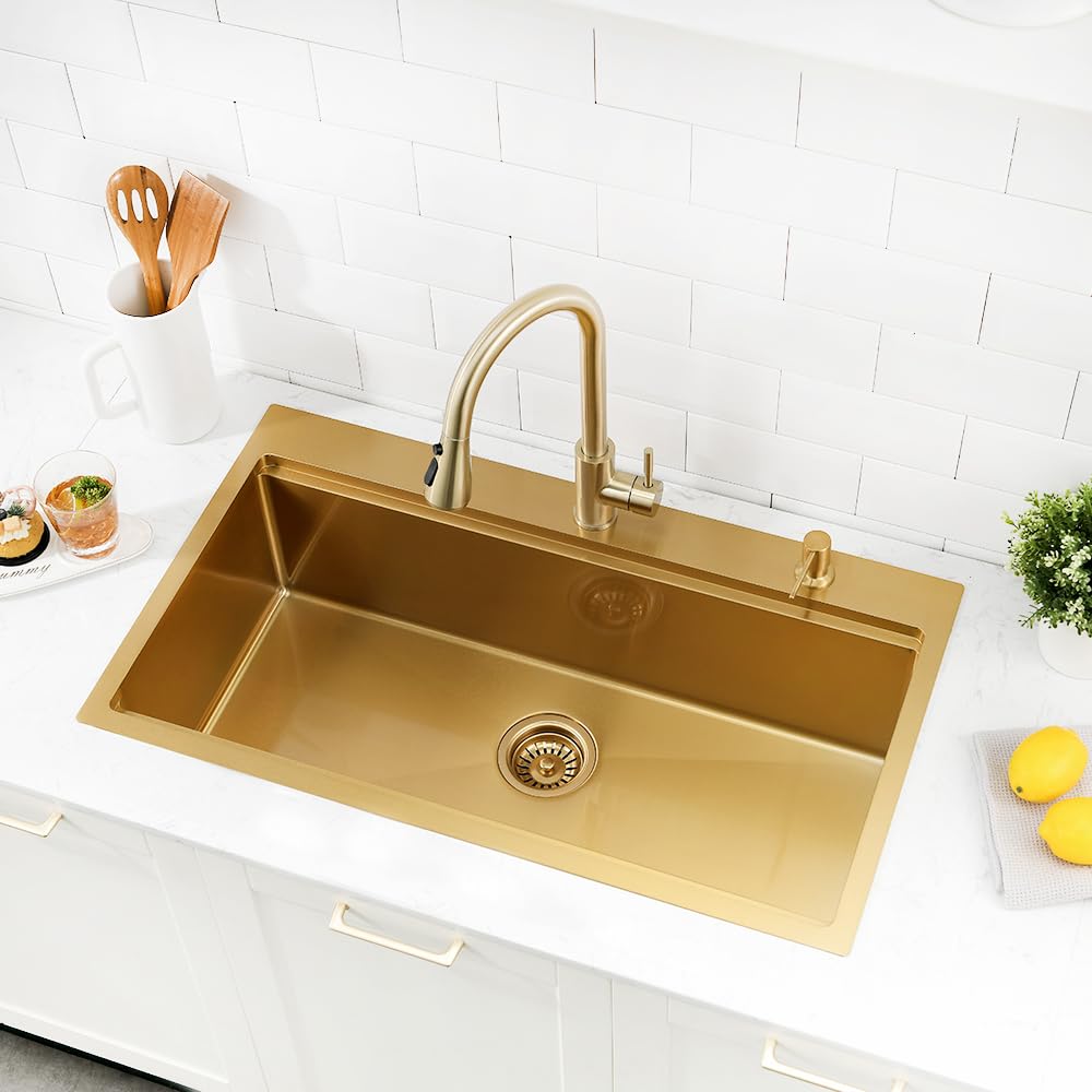 Boomhoze 33 Inch Gold Drop In Kitchen Sink, 33X19 Top Mount Kitchen Sink 16 Gauge Stainless Steel Single Bowl Large Kitchen Sink