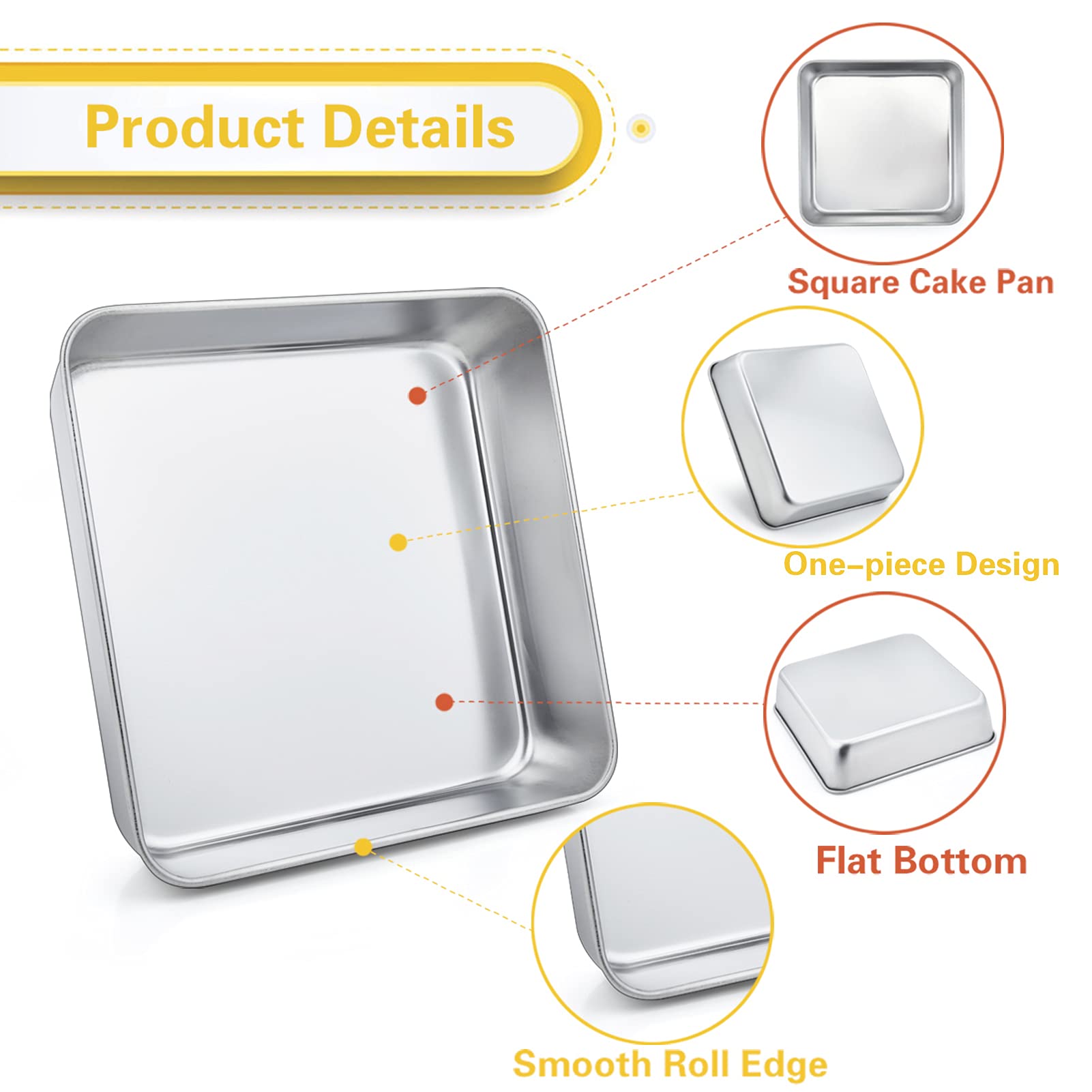 Teamfar 8 Inch Square Baking Pan, Square Cake Pan Stainless Steel Square Cake Brownie Pan For Baking Roasting Serving, Healthy &