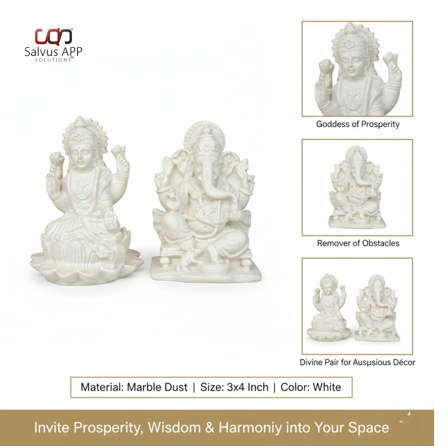 Salvus App Solutions Elegant Marble Dust God Laxmi-Ganesha Statue - Divine Blessings And Auspicious Dcor (White_3X4 Inch)